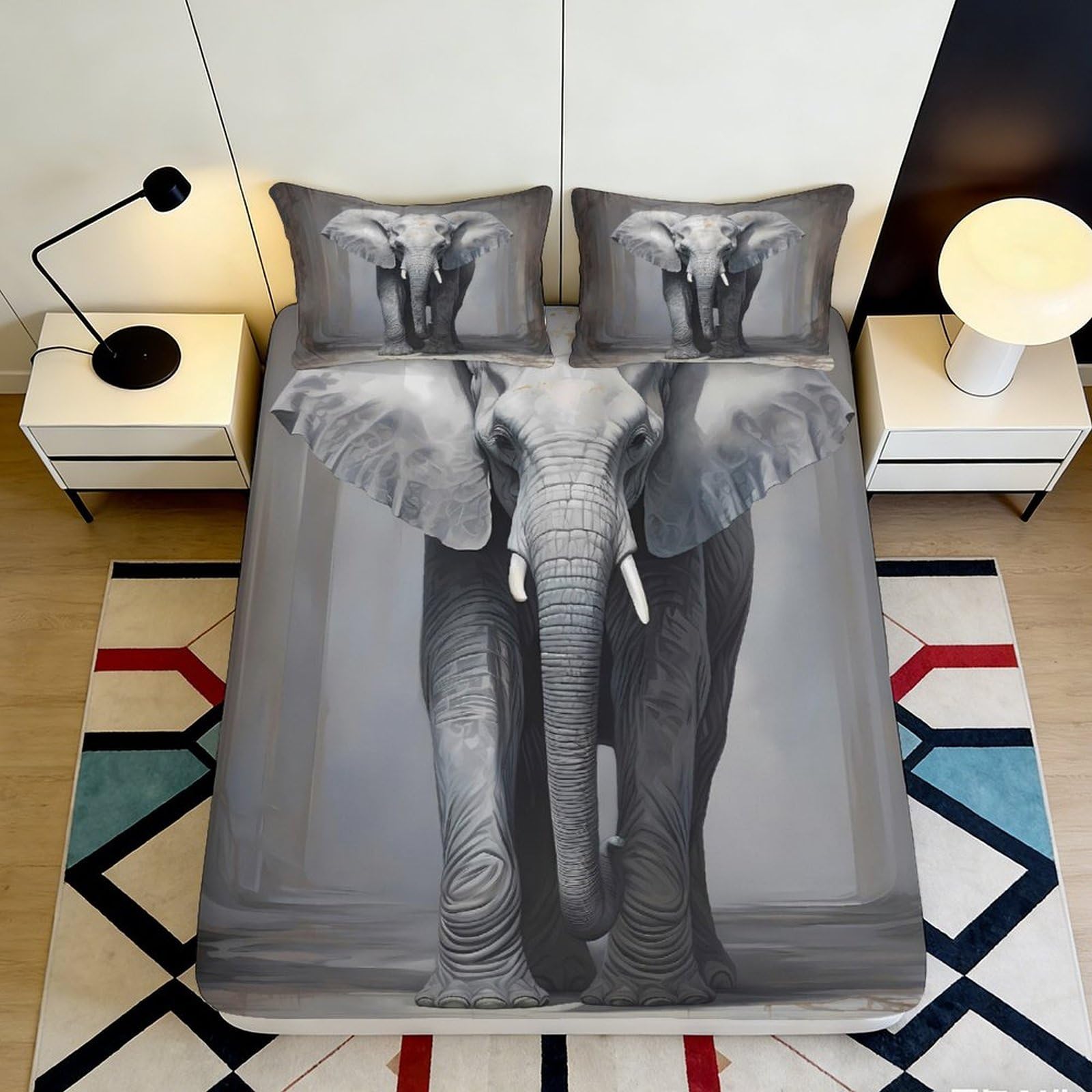 3D Printed Elephant Safari Fitted Sheet Microfiber Artistic Bedroom Decor Wildlife Bed Cover for Home Dorm 90x200x25cm