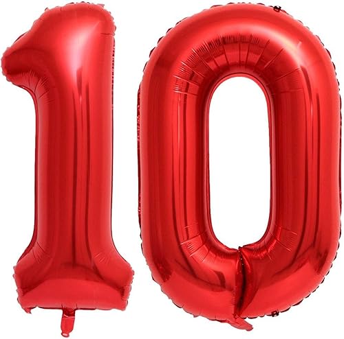 Lovoir Globo rojo de 40 pulgadas, 10 dígitos gigantes, de papel de aluminio de Mylar para helio para fiesta de cumpleaños de 10 años, decoración de