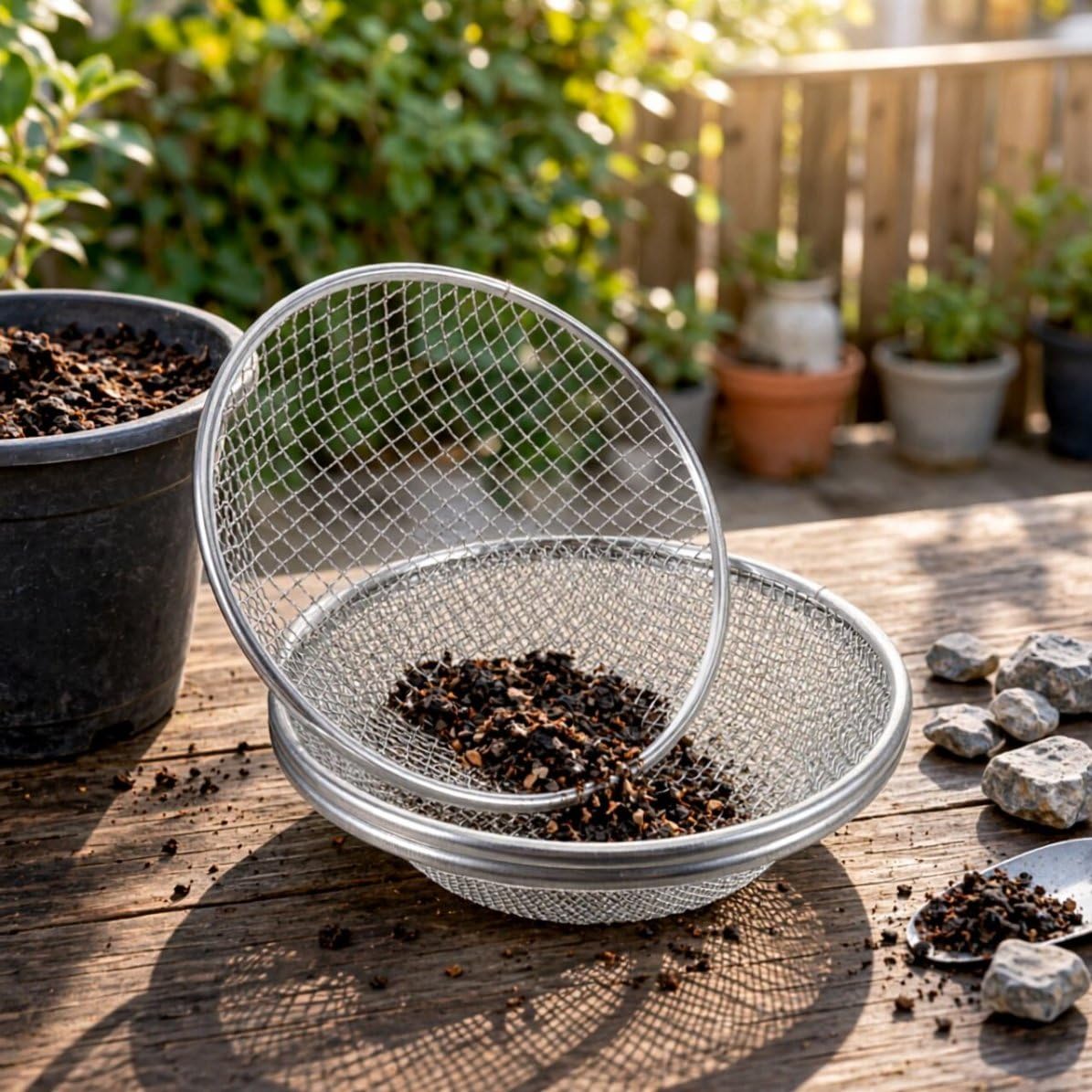 3 Pièces Tamis de Jardin en Fer Galvanisé Argenté 30x30x7 Cm Maille Métallique Renforcée pour Tamiser Sol et Compost, pour Culture de Semis et Succulentes