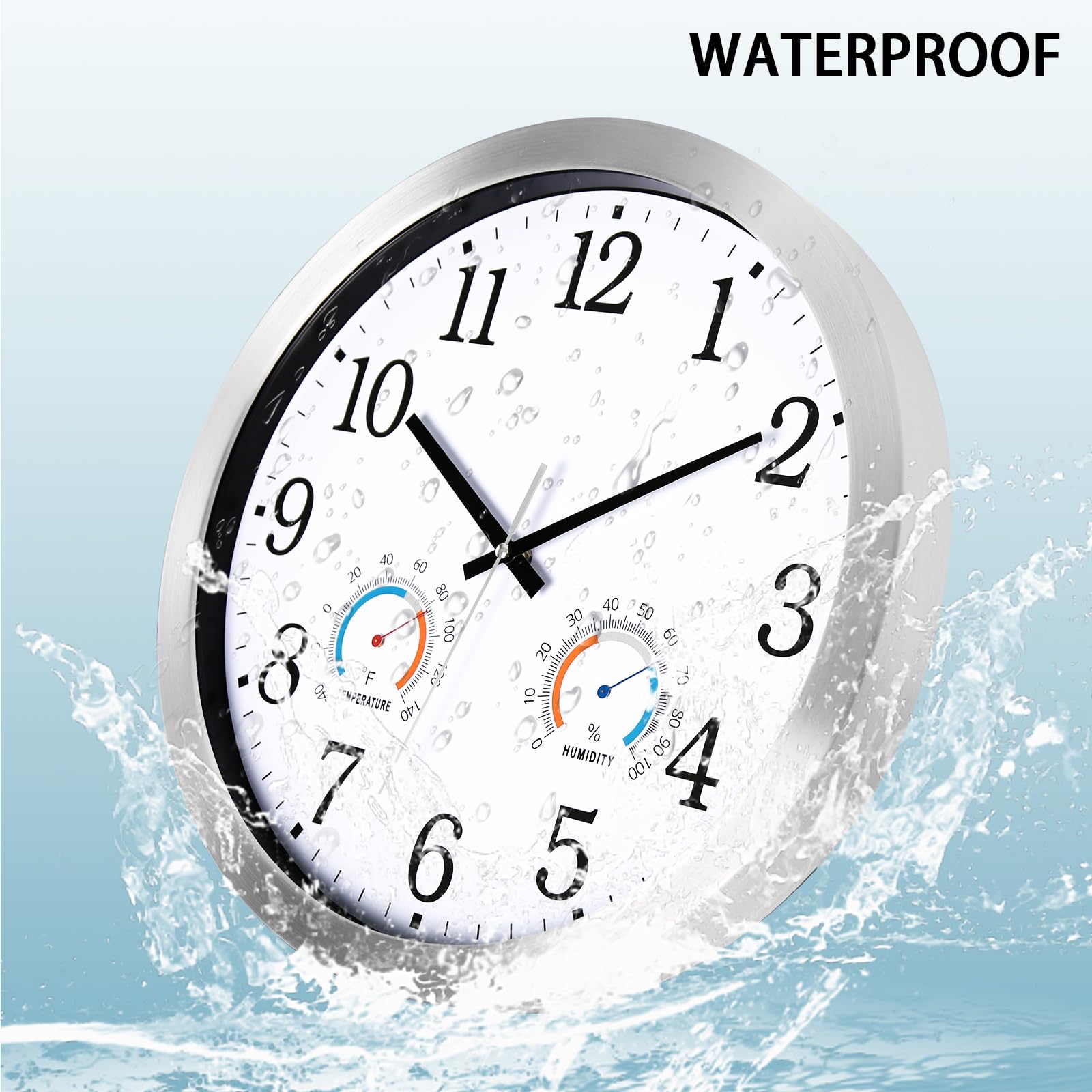 Caysie Horloges étanches pour intérieur et extérieur - 40,6 cm - Avec thermomètre et hygromètre - Silencieuse - Fonctionnement à piles - Horloge murale à quartz pour terrasse, piscine, salle de bain