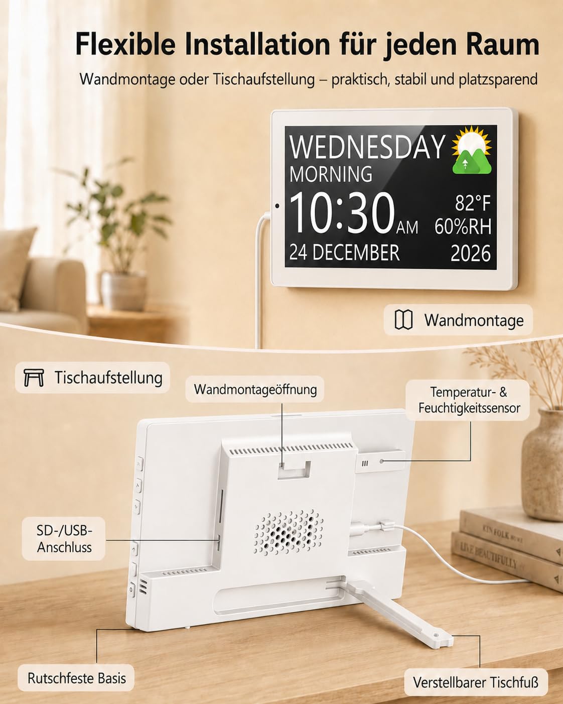 Roxicosly 10.1' Digitaler Kalender, Digital Uhr mit 20 Alarmen & Erinnerungen, 12 Themen, 12/24HTemperatur & Luftfeuchtigkeit, Dimmbar & 6 Sprachen, DST, USB & SD, Wecker Digital für Senioren