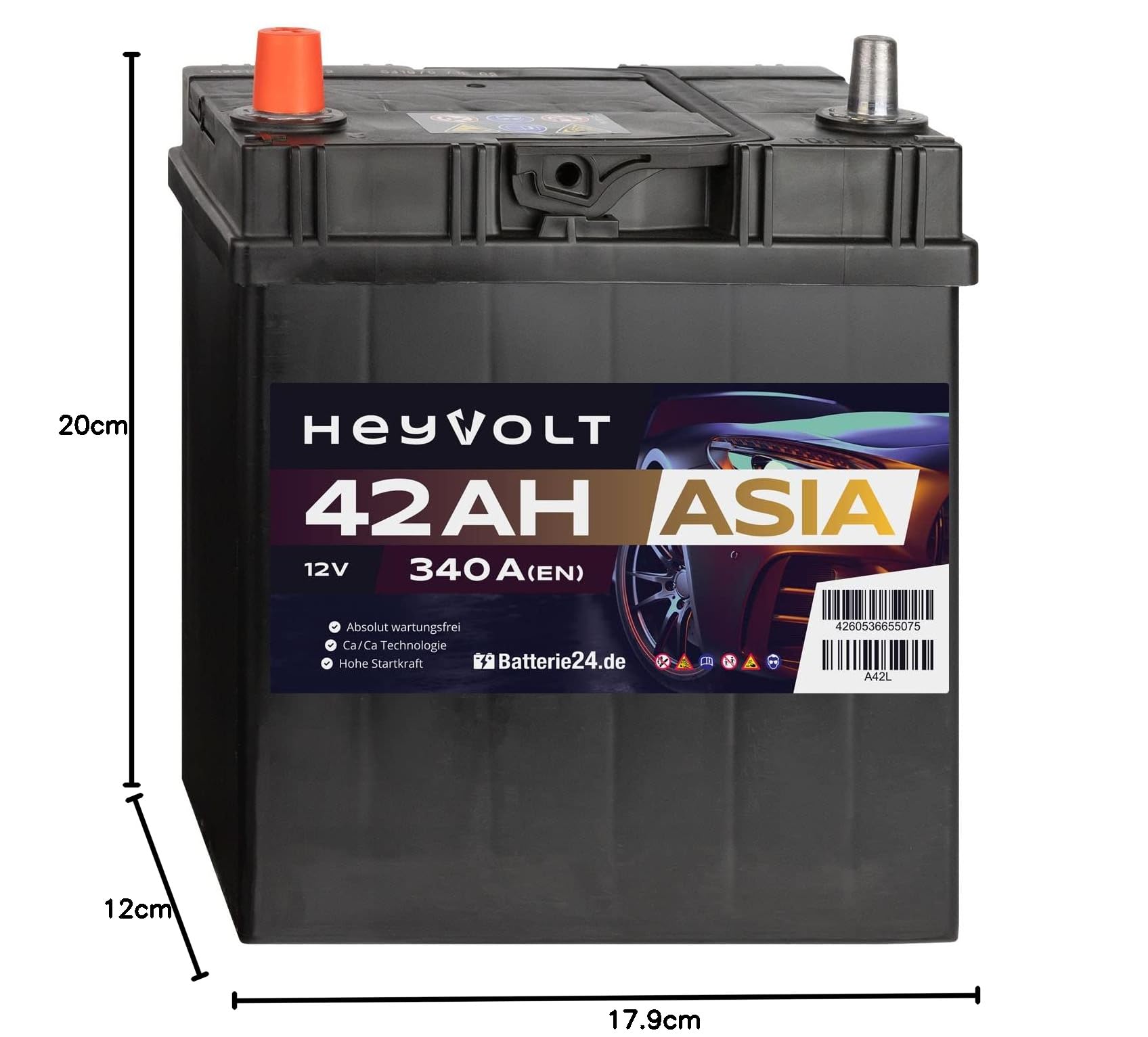 HeyVolt Asia Autobatterie 12V 42Ah 340A/EN Starterbatterie, absolut wartungsfrei ersetzt 35Ah 40Ah, Pluspol Links