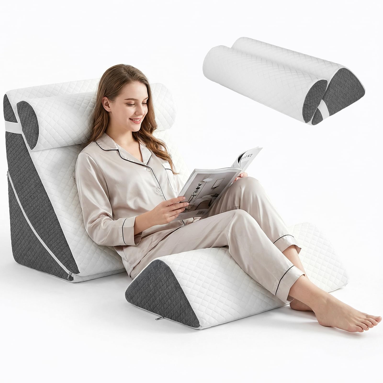 Set di 4 cuscini ortopedici a cuneo, 4 in 1, regolabili, in memory foam, cuscino triangolare regolabile per gambe in caso di apnea notturna e bruciore di stomaco, con rivestimento rimovibile e