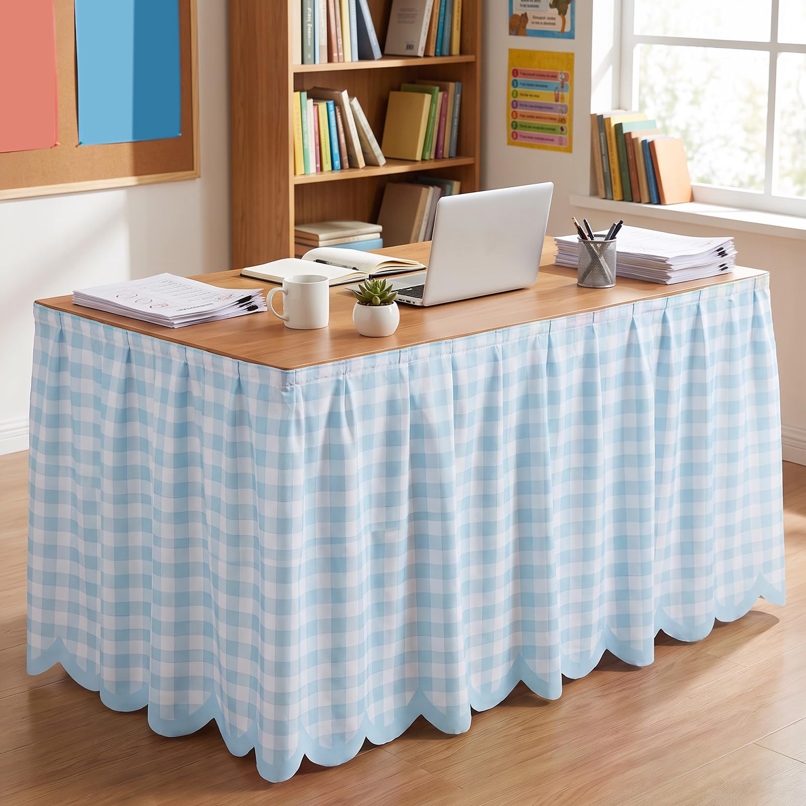 Teacher Desk Skirt, Reusable Teacher Desk Cover for Classroom(blue)