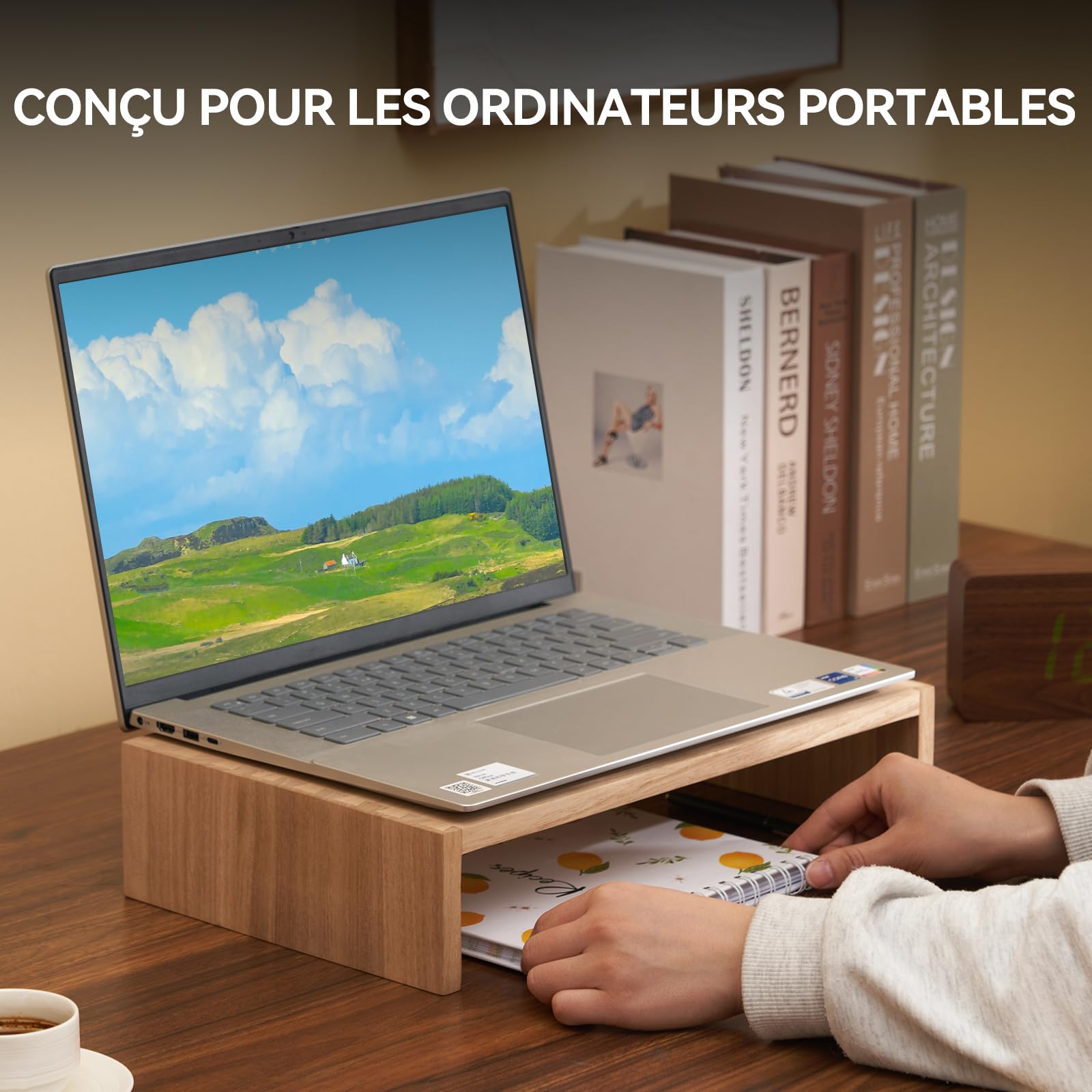 KIRIGEN Support d’écran en bois, rehausseur PC, 39 x 24 x 8,5 cm, naturel | Paulownia massif, fait main, livré monté, tenon-mortaise, charge max. 20 kg, huile végétale, 4 patins antidérapants