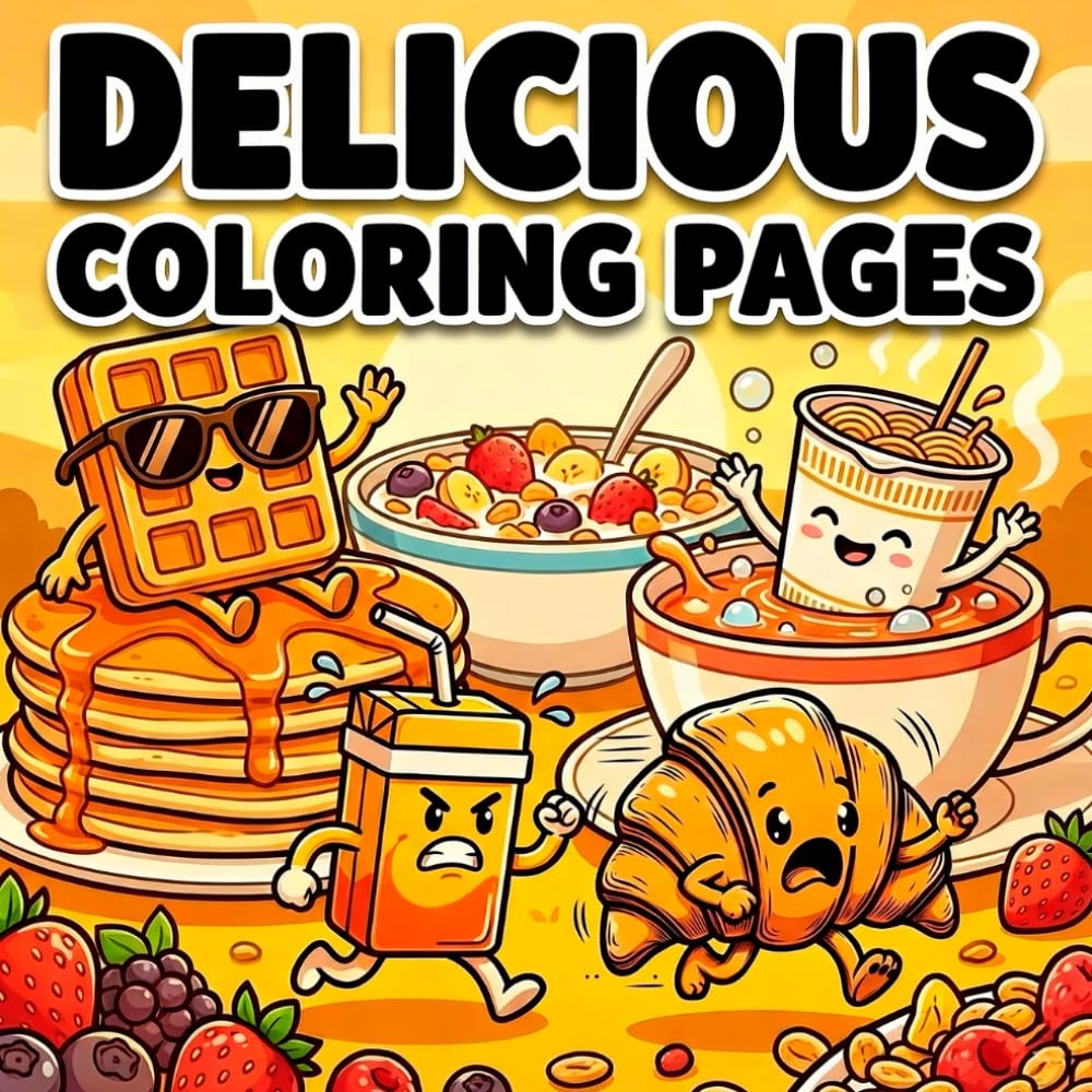 Delicious coloring pages: Fun & Playful Illustrations of Smiling Croissants, Dancing Tacos, and More