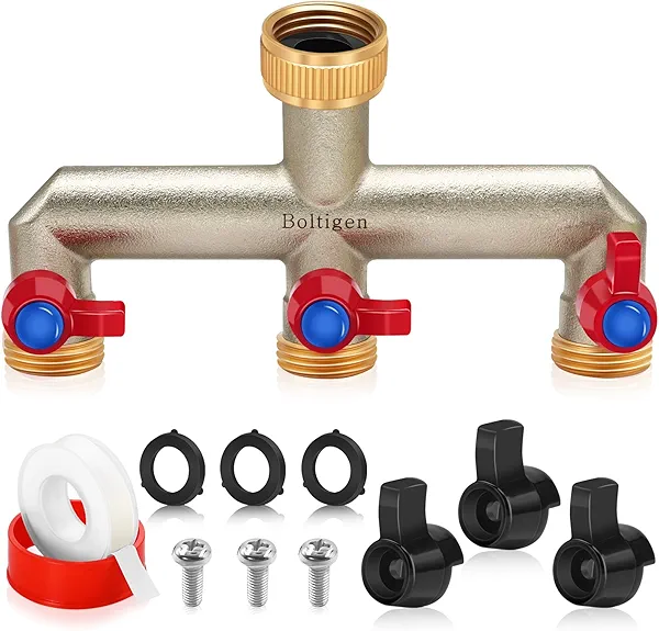 Boltigen 3 Way Garden Hose Splitter, 3/4'' GHT Outdoor Faucet Water Hose Splitter Connector, Heavy Duty Brass Nickel Plated Hose Bib Diverter for Garden Outdoor Home