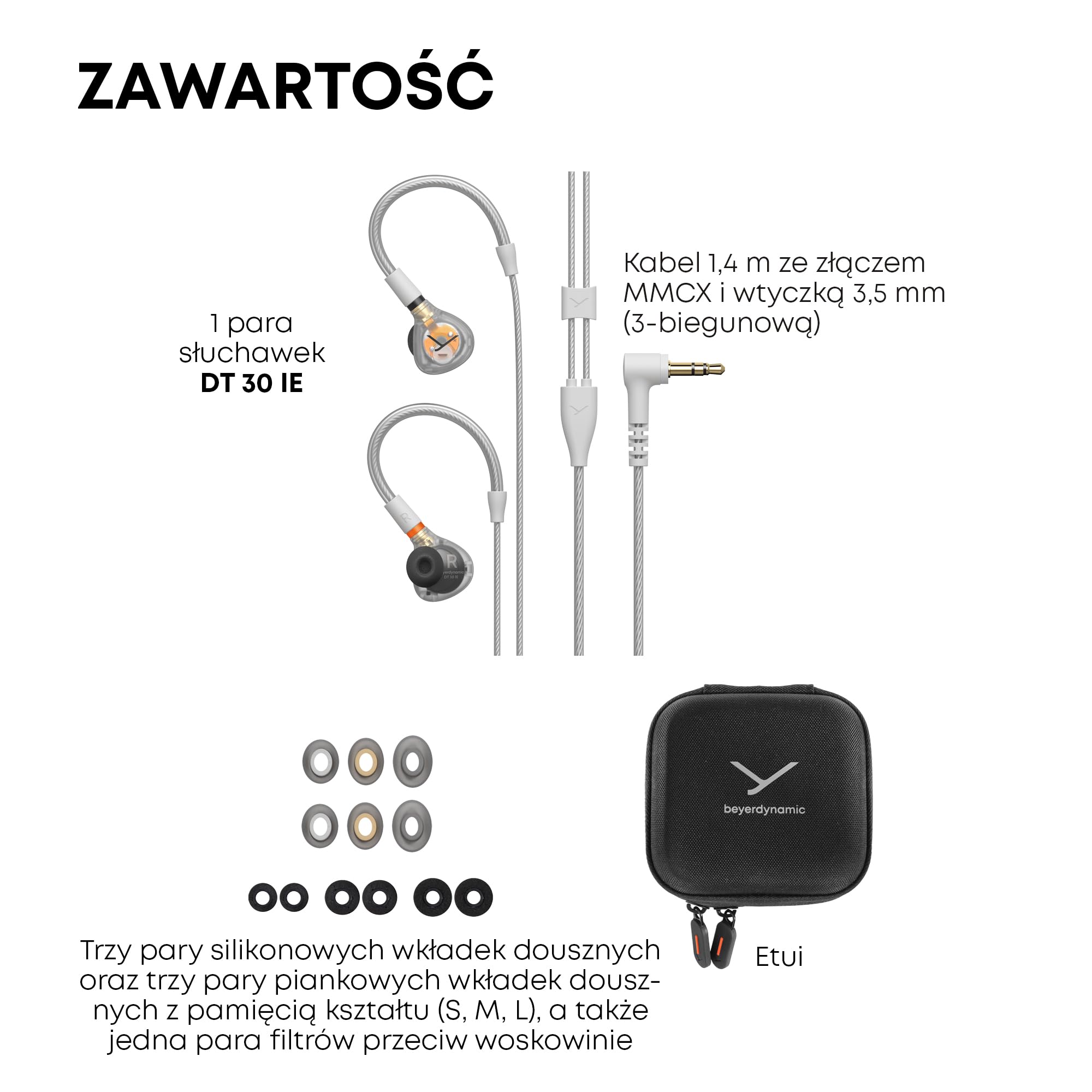 beyerdynamic DT 30 IE profesjonalny monitor dokanałowy do sceny i prób | Pasywna izolacja do 39 dB, ergonomiczne dopasowanie, odłączany kabel MMCX, transparentny