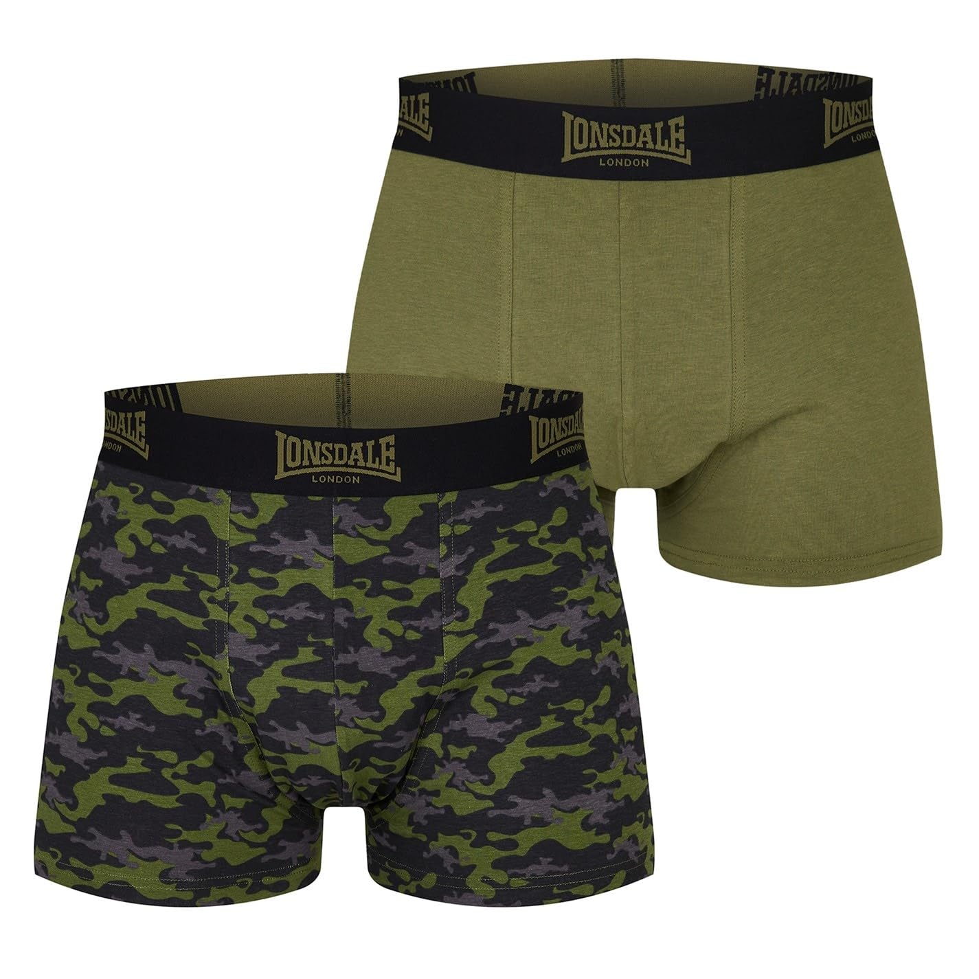 Lonsdale Mens 2 Pack Trunks Camo/Khaki XL