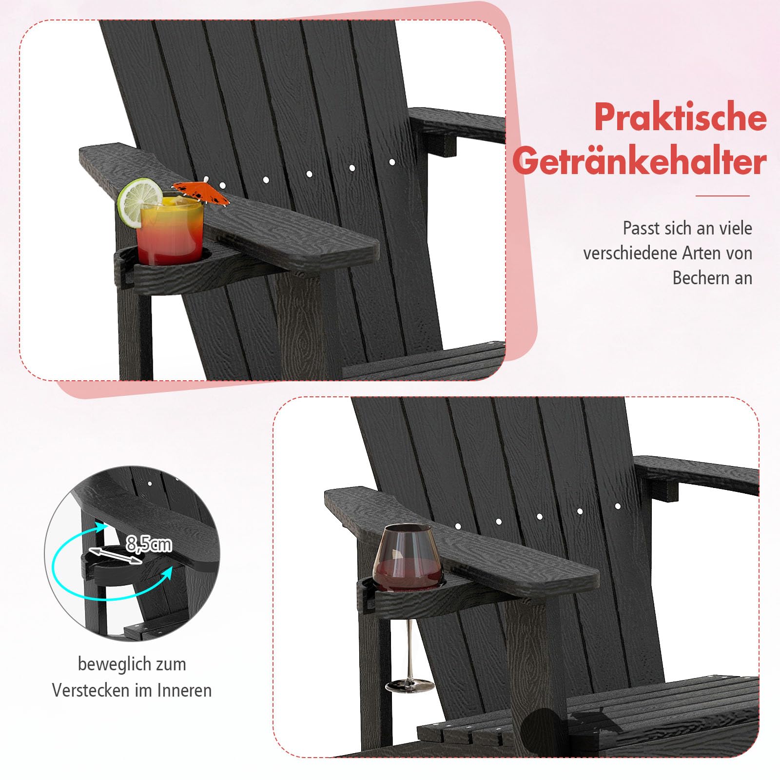 GOPLUS Inklapbare tuinstoel, weerbestendige tuinstoel met verlengde armleuning, rugleuning en zitting, balkonstoel met bekerhouder voor terras, achtertuin, tuin en strand, wit