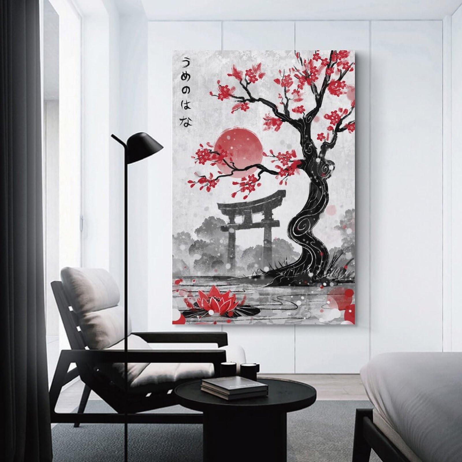 Junmoney Japanese Garden with Red Blossoms And Torii Wall Picture Print 20x30inch(50x75cm), for Home Office, Desk Area Or Studio, Home Office Artwork with Decorative Appeal