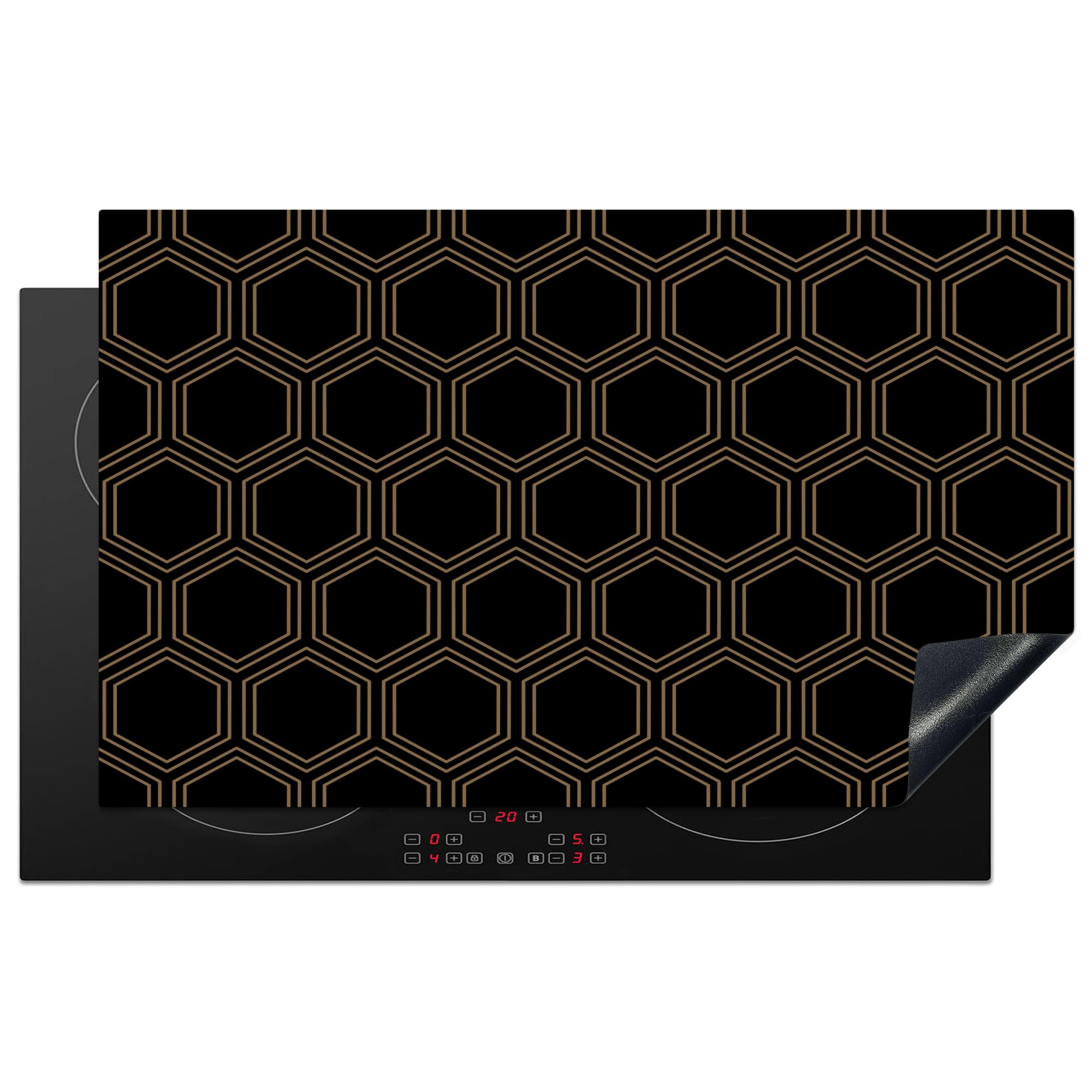 KitchenYeah© Induction Hob Protector Mat 20.5"x33.5" / 85x52 cm Cooker Top Protectors Cover Ceramic Covers Electric Hobs Vinyl Black - Gold - Hexagon