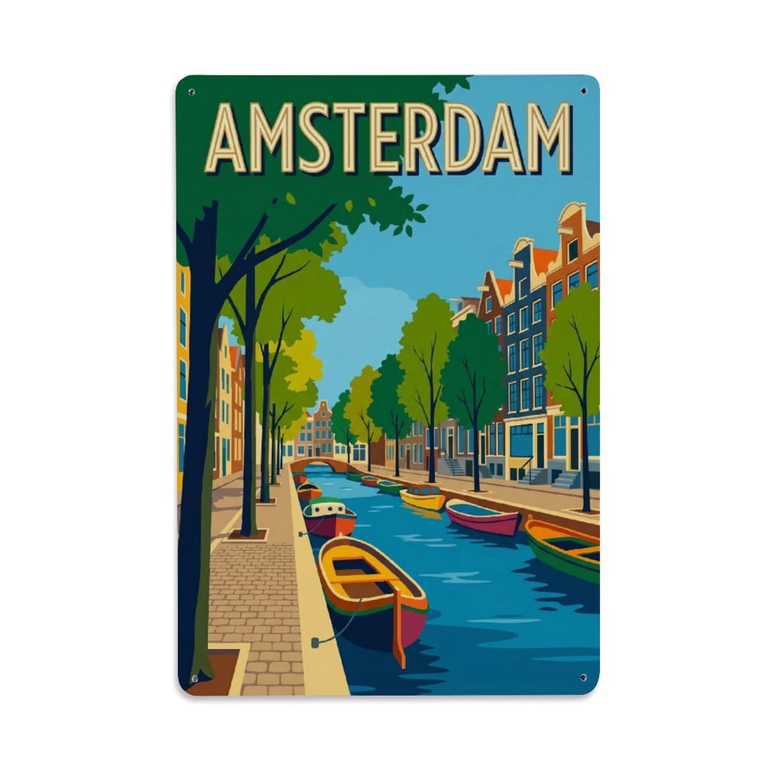 Okngb Style Retro Canal Harbor Amsterdam Travel Quay Waterway Route Metal Tin Sign Plaque Wall Decor For Cafe, Man Cave, Club Bar, Office, Home Garden Round Metal Poster 8X12inch