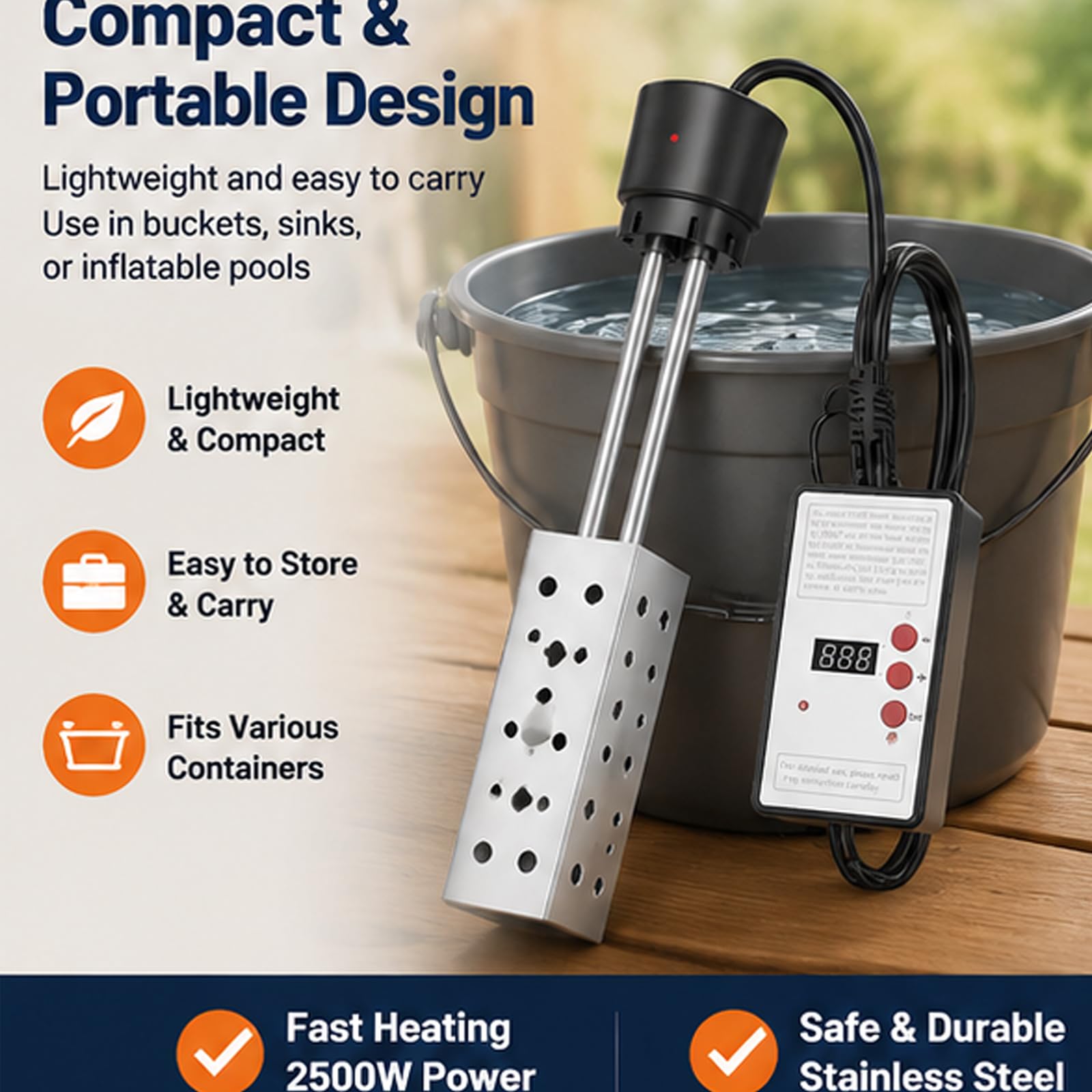 Chauffe-eau portable, thermoplongeur électrique avec affichage numérique de la température et mise hors tension automatique, protection de sécurité en acier inoxydable, pour la maison, le camping, la