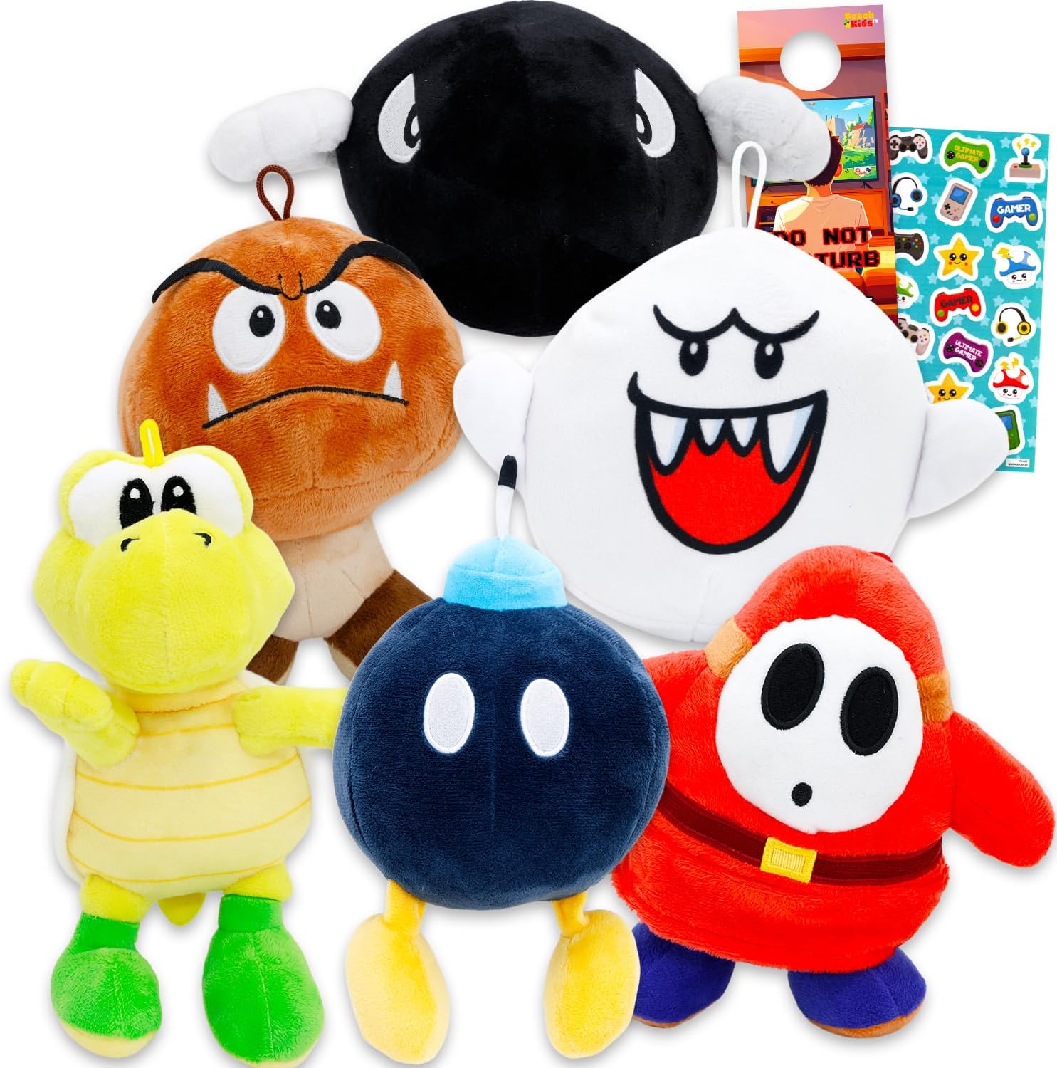 Super Mario Villains Plushies Set - Bundle with 6 Video Game Plush Toys Including Goomba, Shy Guy, Bob-Omb, Bullet Bill, Koopa Troopa, Boo Ghost Plus Stickers | Super Mario Stuffed Animals for Kids