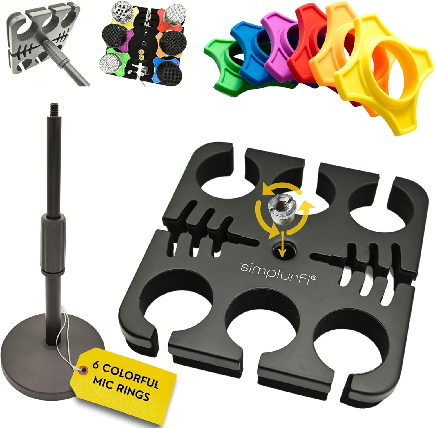 Multi Microphone Holder Cable Hanger & Organizer with Desktop Mic Stand – Square Tray Attachment holds up to 6 mics On Stage Organizer and Display – 6 Anti-roll Rings Included