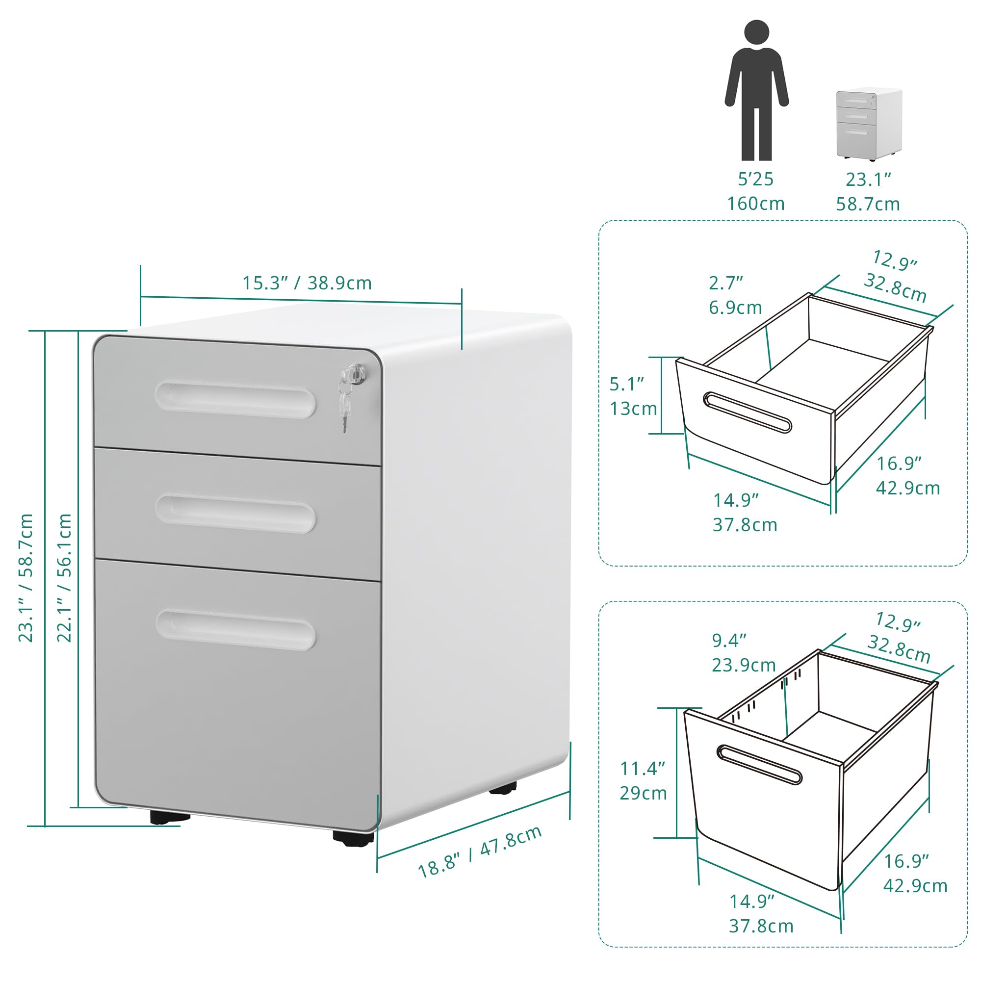 YITAHOME Rollcontainer, Metall Rollcontainer mit 3 Schubladen für A4, Legal, Letter, Abschließbar Aktenschrank Büroschrank mit 4 Rollen für Home-Office, 48 x 38 x 58cm, Weiß + Grau