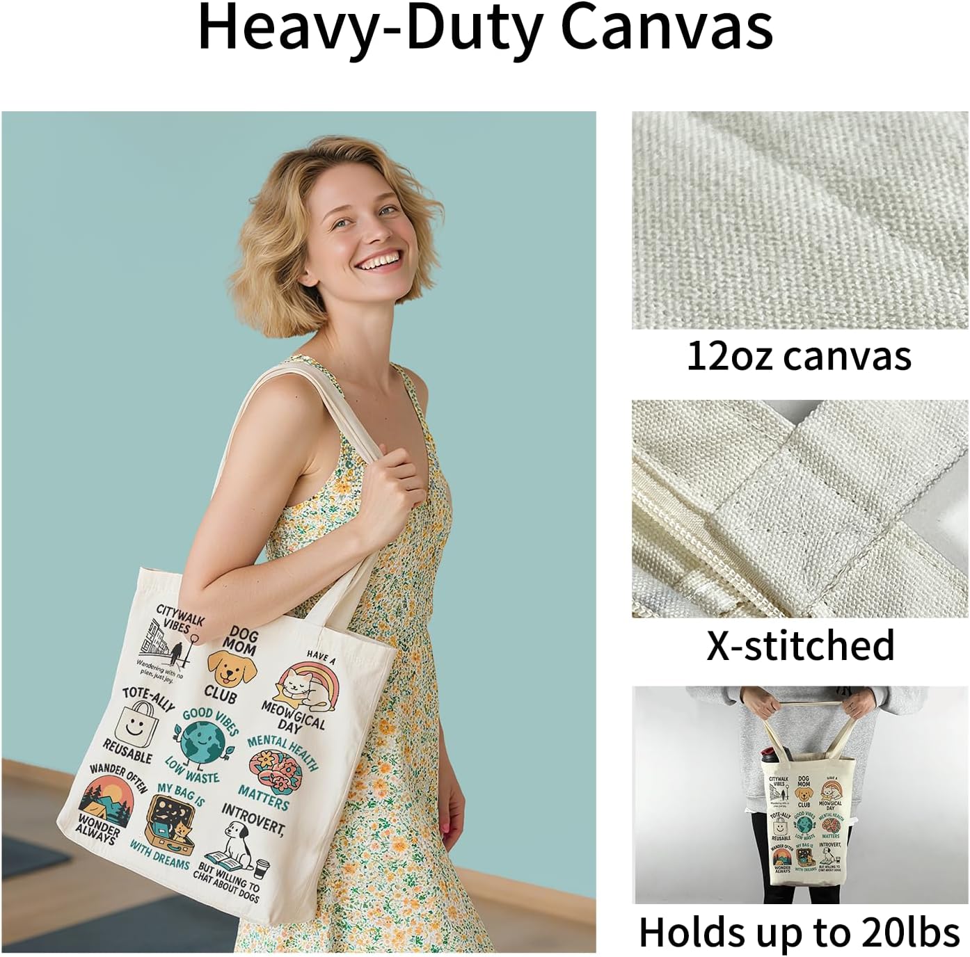 Canvas Tote Bag for Women, Tote Bag with Zipper Inner Pocket, Zippered Canvas Bag for Shopping Work Grocery Everyday - Image 2