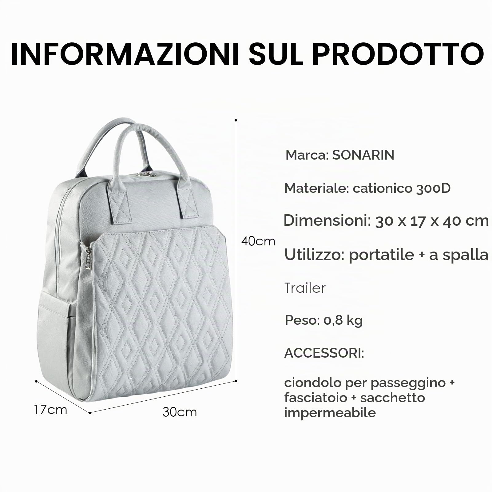SONARIN Multifunzione Zaino Fasciatoio Alla Moda,Borsa per Pannolini Grande Capacità Impermeabile Zaino Mamma Neonato Borsa Fasciatoio da Viaggio con Fasciatoio & Ganci per Passeggino