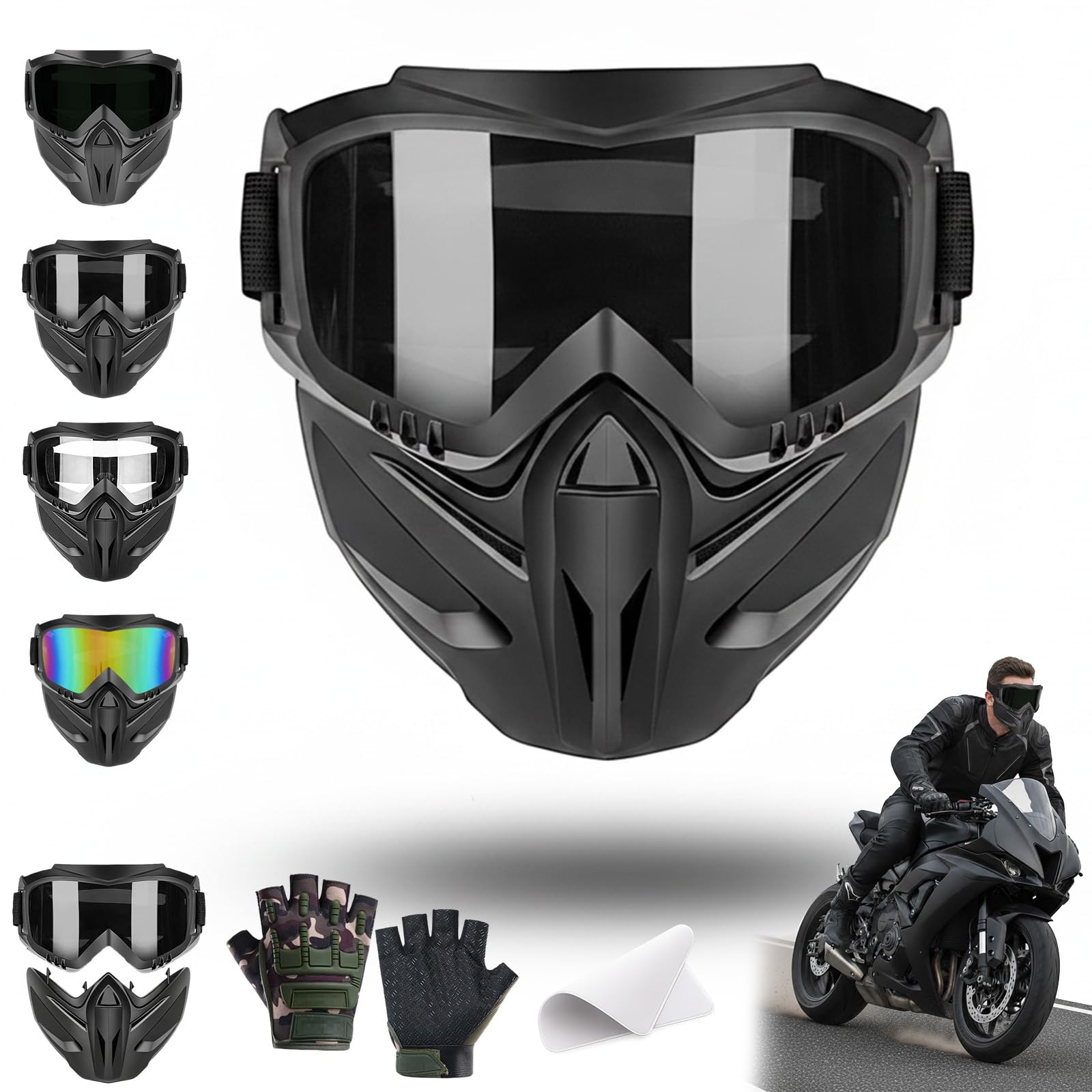Detachable Full Face Goggle Mask, Anti-Fog Airsoft Face Protection & Paintball Mask, Impact Resistant Full Face Dust Mask, Windproof Ski Mask Welding Goggles for Bike Riding (Black)