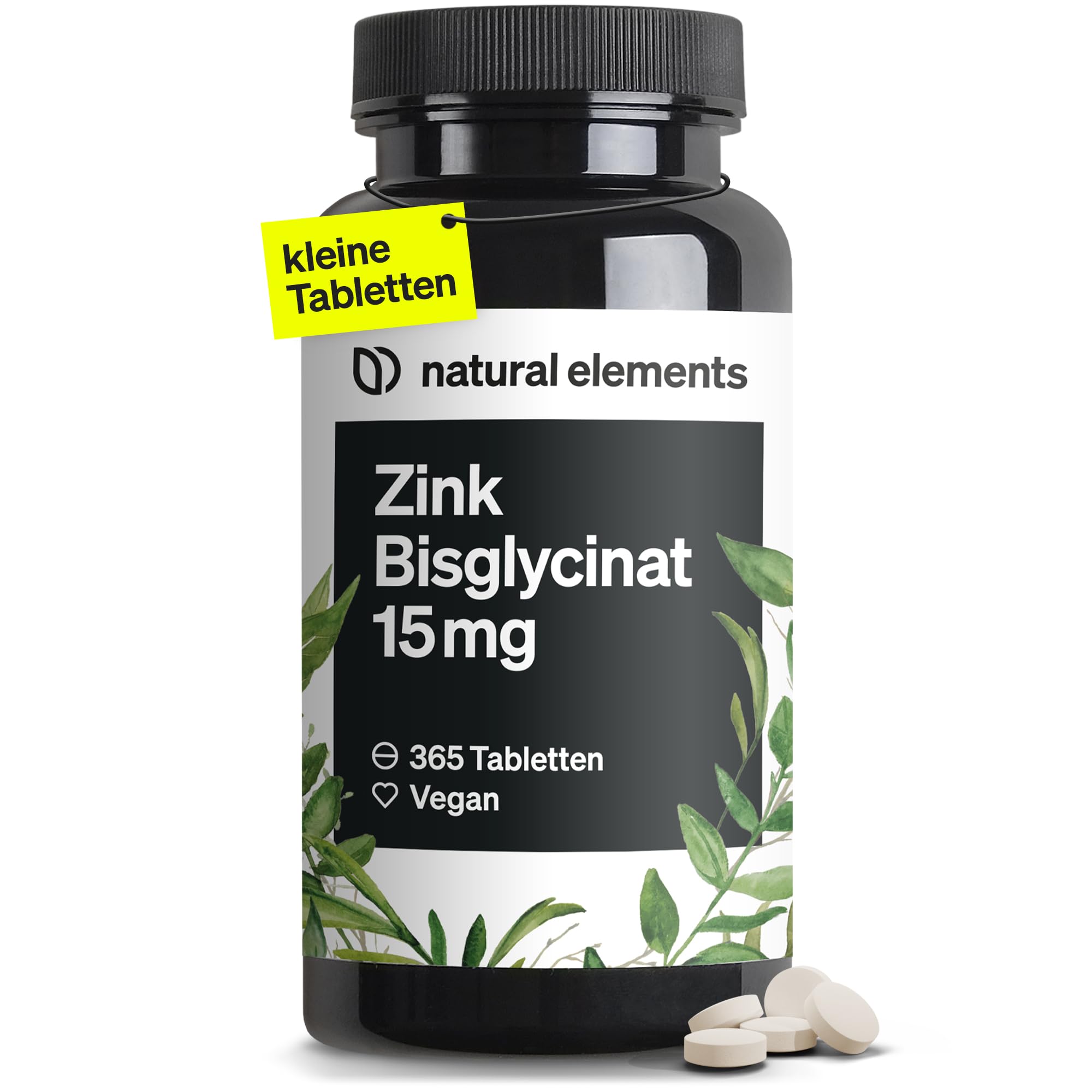 natural elements Zink 15mg – 365 Tabletten – gut verträgliches Zinkbisglycinat (Zink-Chelat) – vegan, hochdosiert, ohne unnötige Zusätze – in Deutschland produziert & laborgeprüft