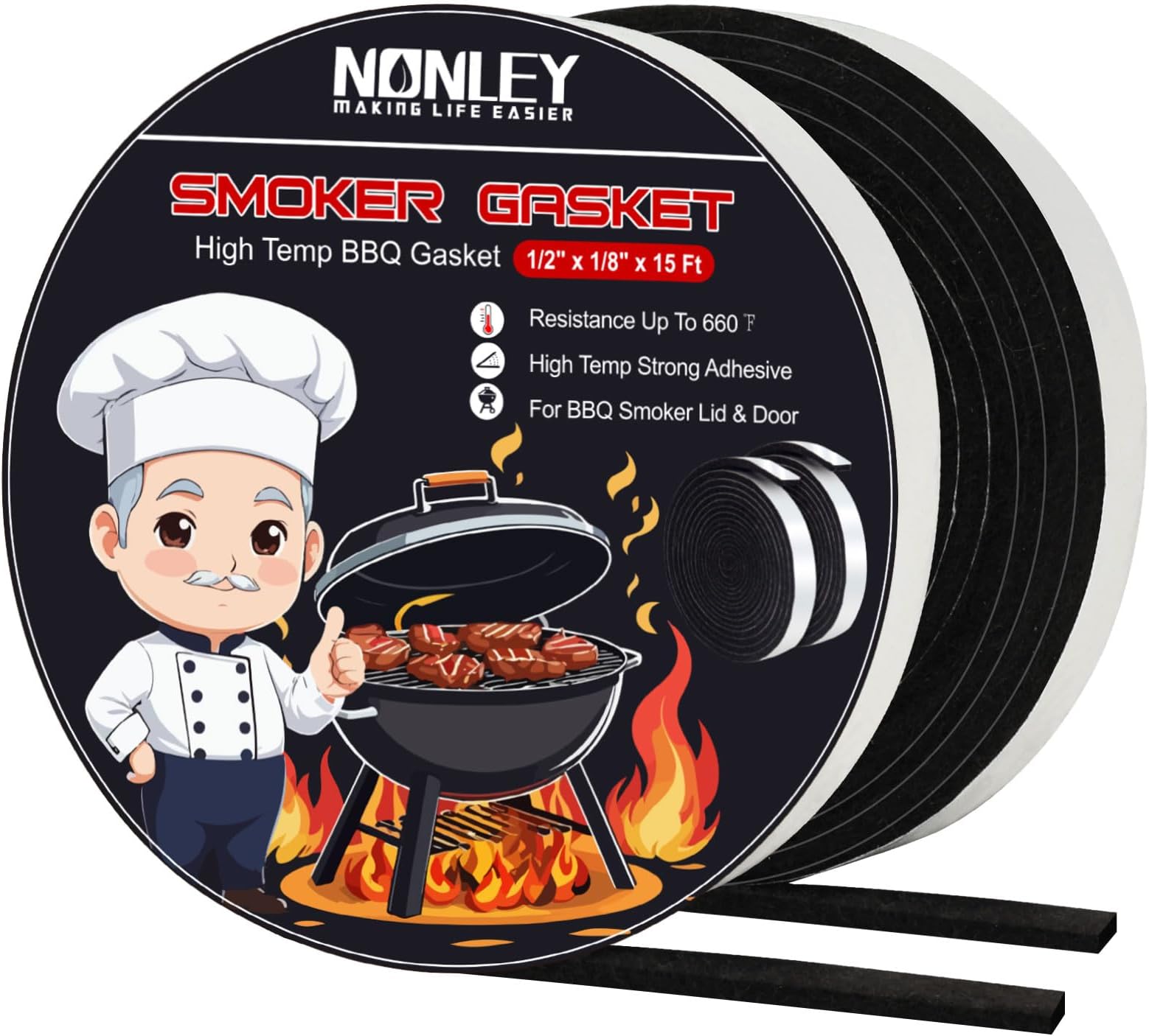 Smoker Gasket Seals, 1/2" x 1/8" 15 ft High Temp Grill Gasket Replacement Self Stick Felt, High Heat BBQ Gaskets Tape for Smokers BBQ Lid Black by Nonley