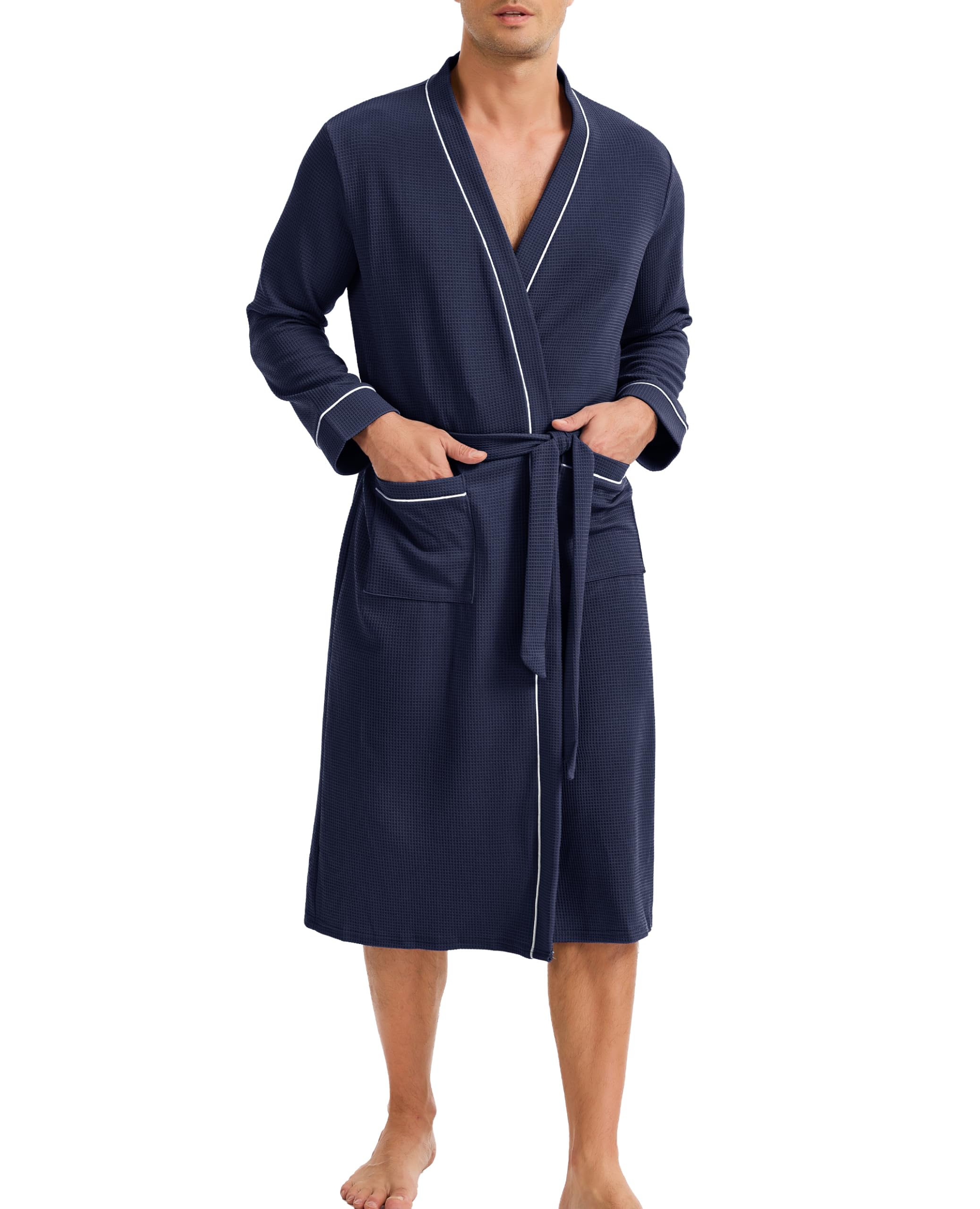 Lovasy Peignoir de Bain Homme Coton Kimono Légère Peignoir en Gaufré à Manches Longues Robe de Chambre Doux et Confortable Longueur du Genou Loungewear Col V avec Ceinture