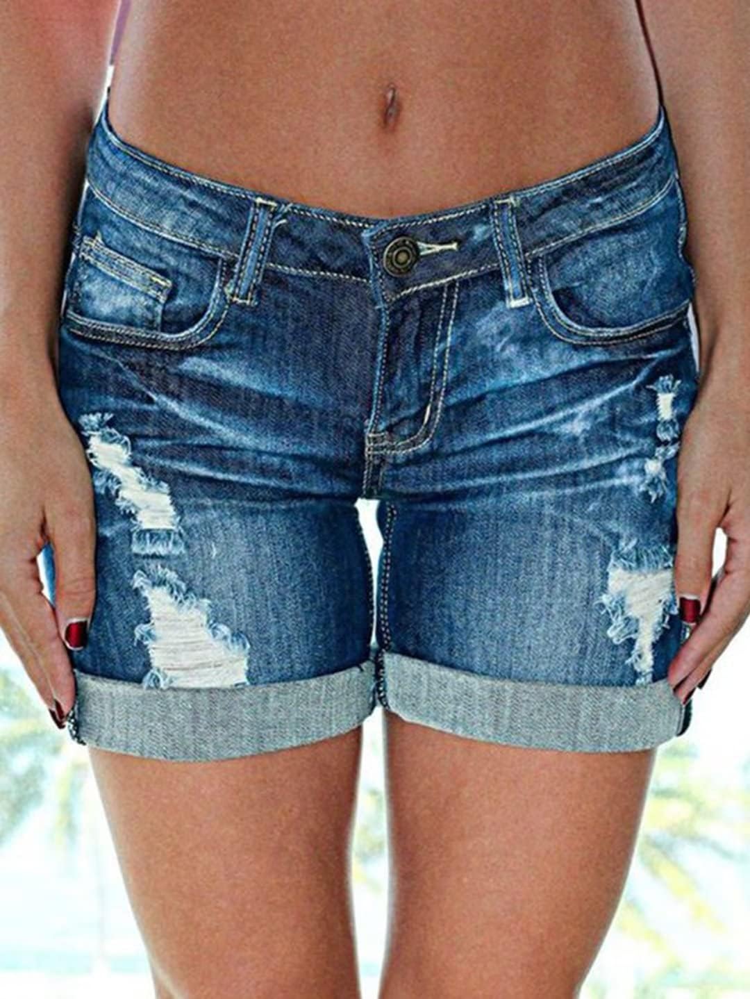Flamingals Women's Ripped Cuffed Hem Denim Shorts Low Waist Casual Shorts - Image 2