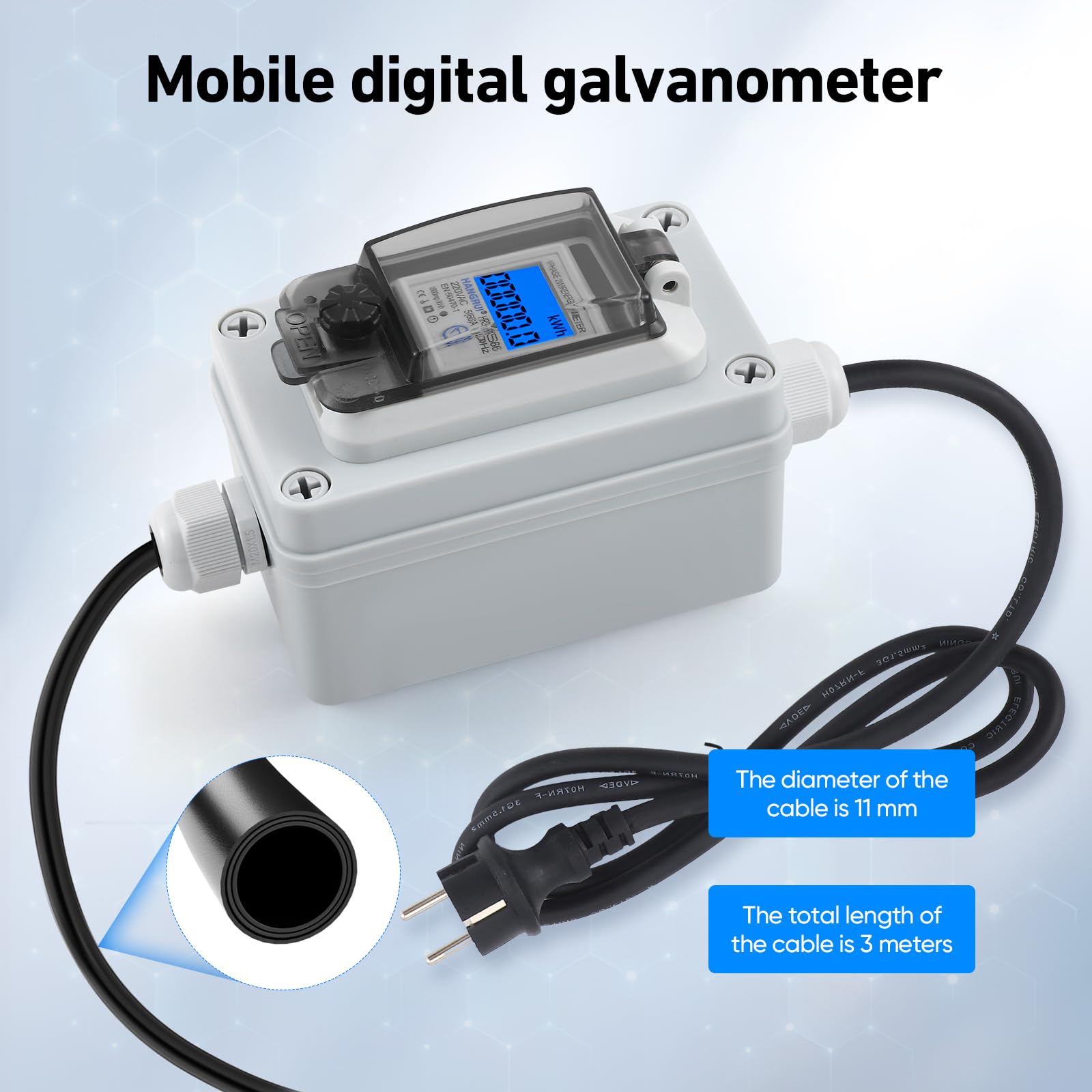 Compteur d‘Énergie Mobile IP67 Étanche, Prise CEE 16A, Surveillance de la Consommation en Temps Réel, Mémoire Anti-Coupure, pour Camping-Car, Van & Voiture Électrique, Câble Caoutchouc 3m