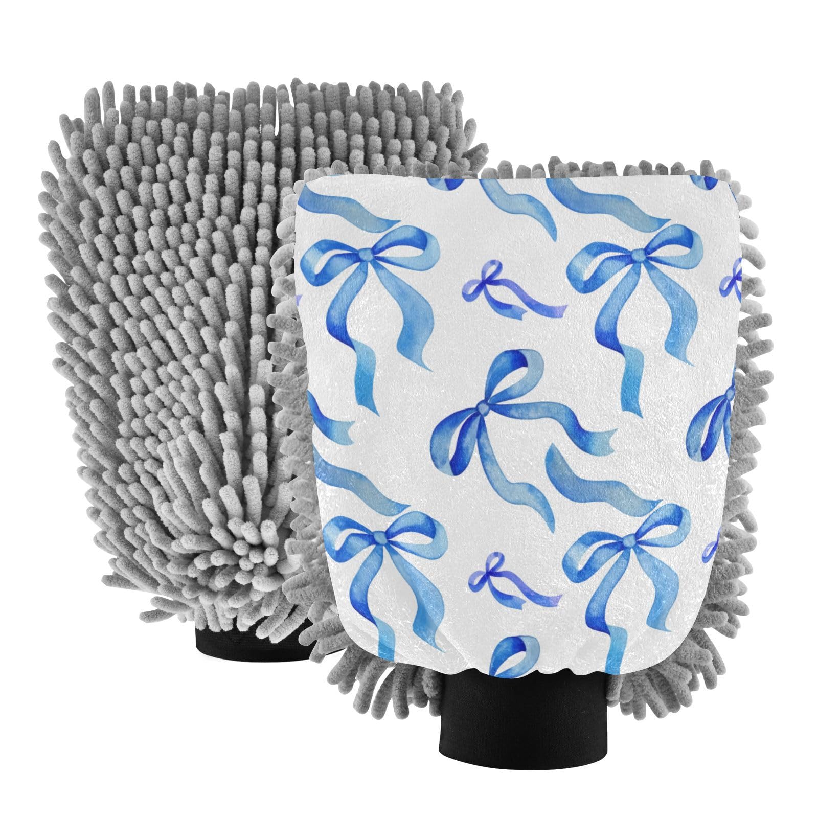 Kigai Blue Bow Ribbon Car Wash Mitt Microfiber, 2Pcs Scratch Free Lint-Free, Premium Chenille Microfiber Mitt Car Wash Brush-M