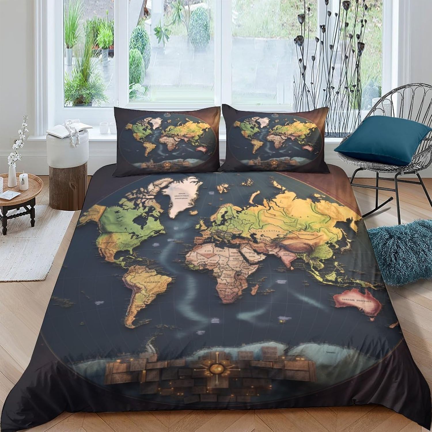 Parure de lit carte rétro 240x220 cm avec housse de couette 3D et 2 taies d'oreiller