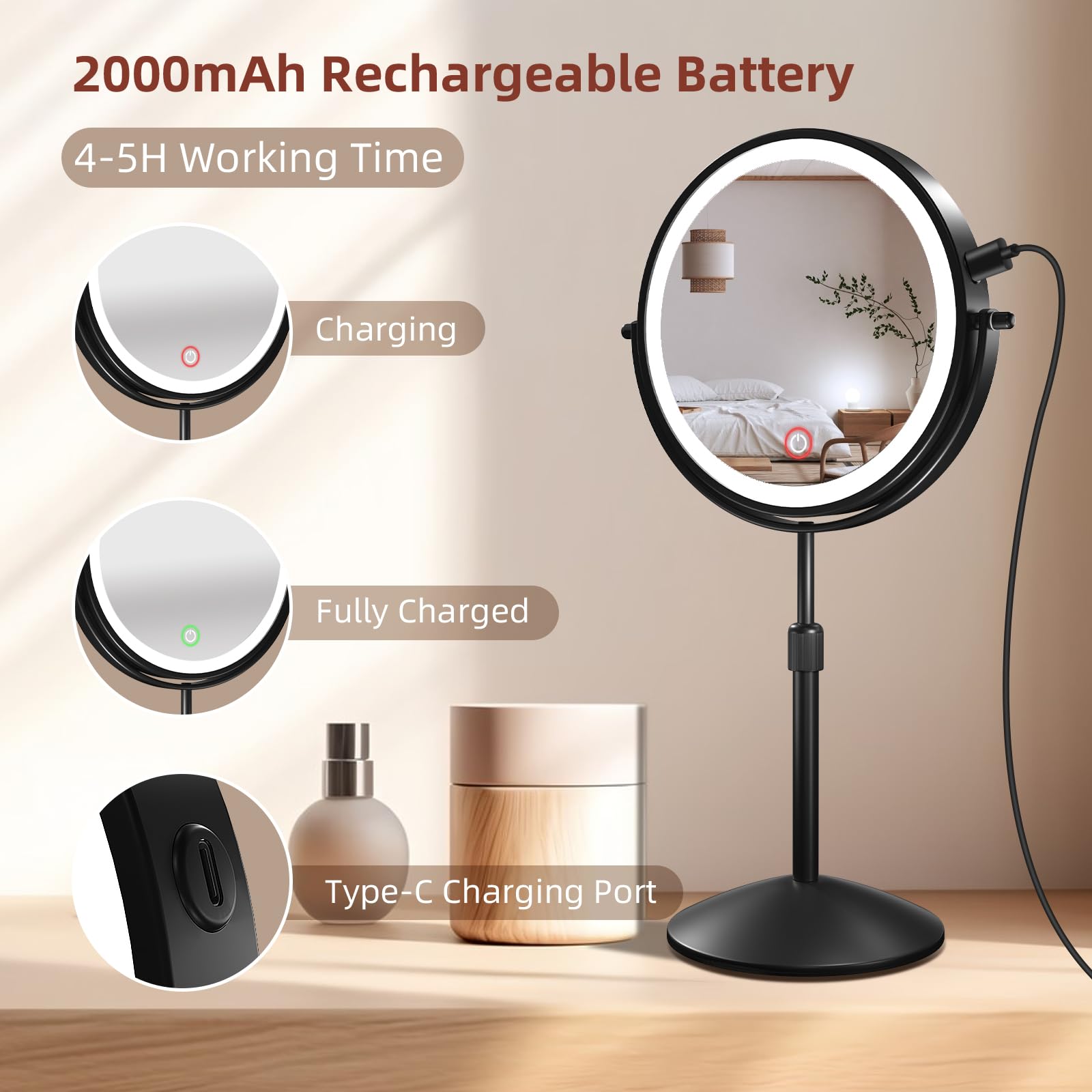 Omobolanle Specchio da trucco da 17,8 cm con luci, ingrandimento 10x, regolabile in altezza, specchio per trucco illuminato per scrivania, ricaricabile a 360°, girevole a 360°, specchio cosmetico a