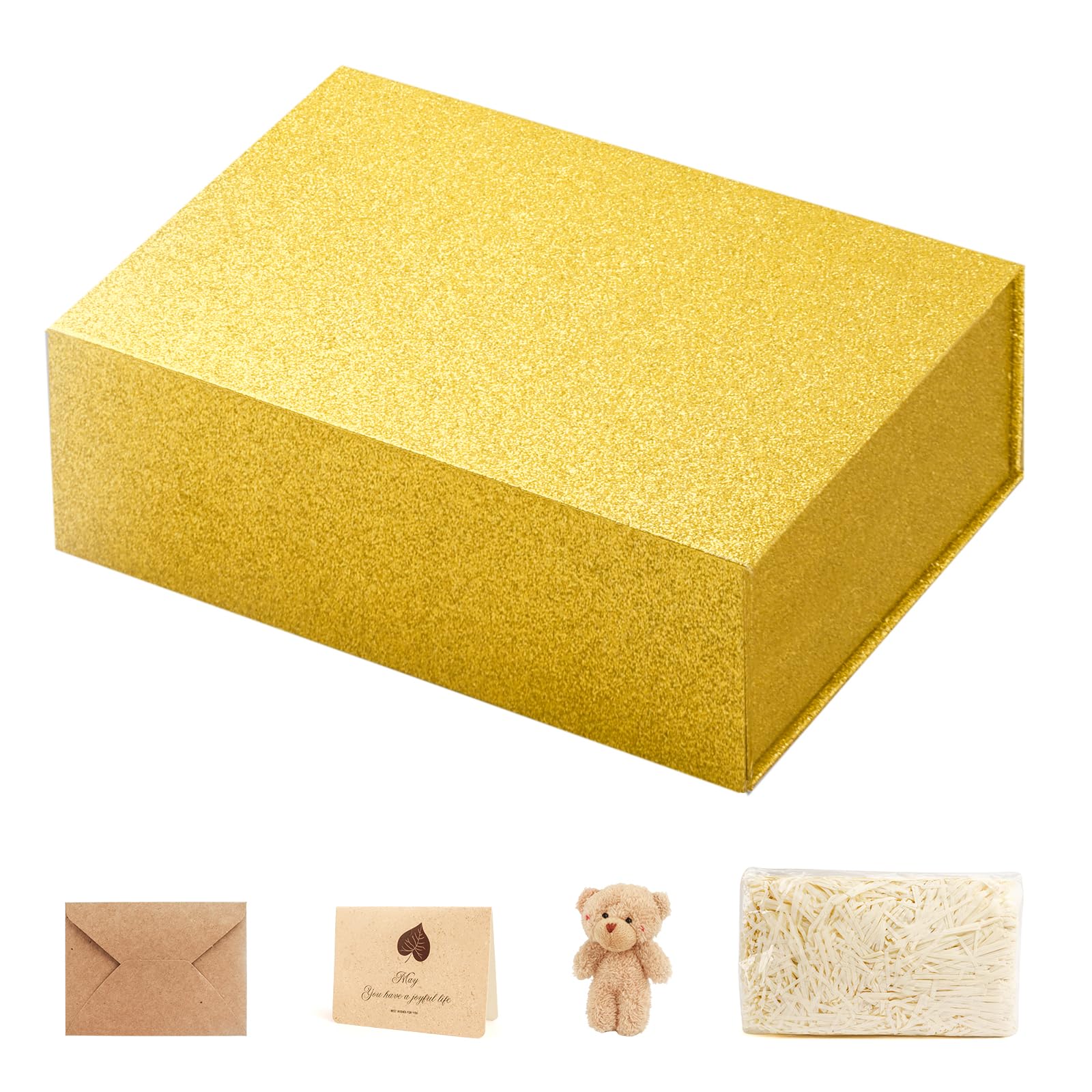 Artmitz Gift Box Elegant Magnetic Lid – Premium Rectangular Present Box with Shredded Paper and Card for Birthdays, Weddings and Special Occasions (Glod, Large(33.5x23.5x11cm))