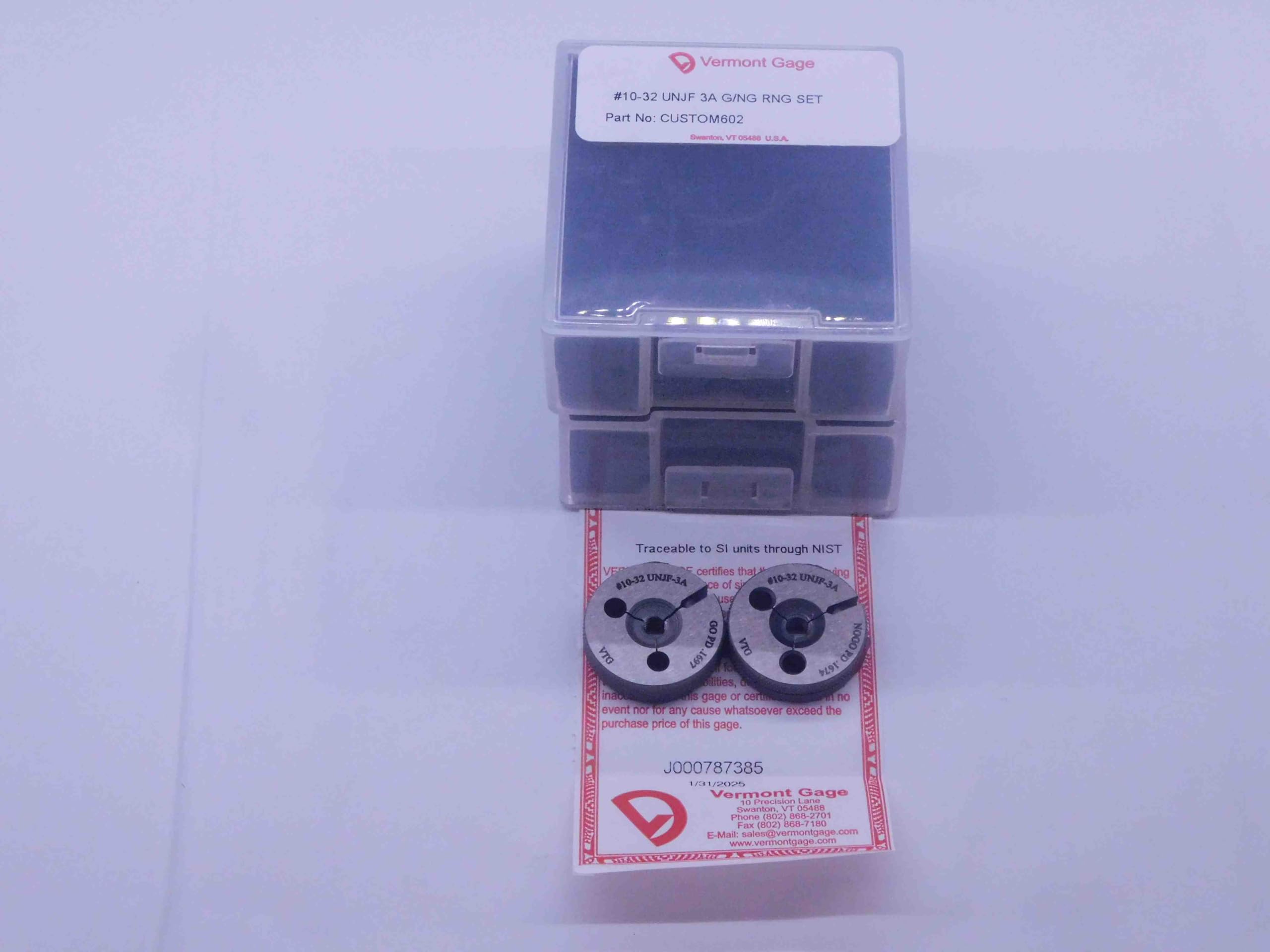 New 10 32 UNJF 3A Vermont Thread Ring GAGES #10 .190 GO NO GO PDS= .1697 & .1674 - DW33952VTG