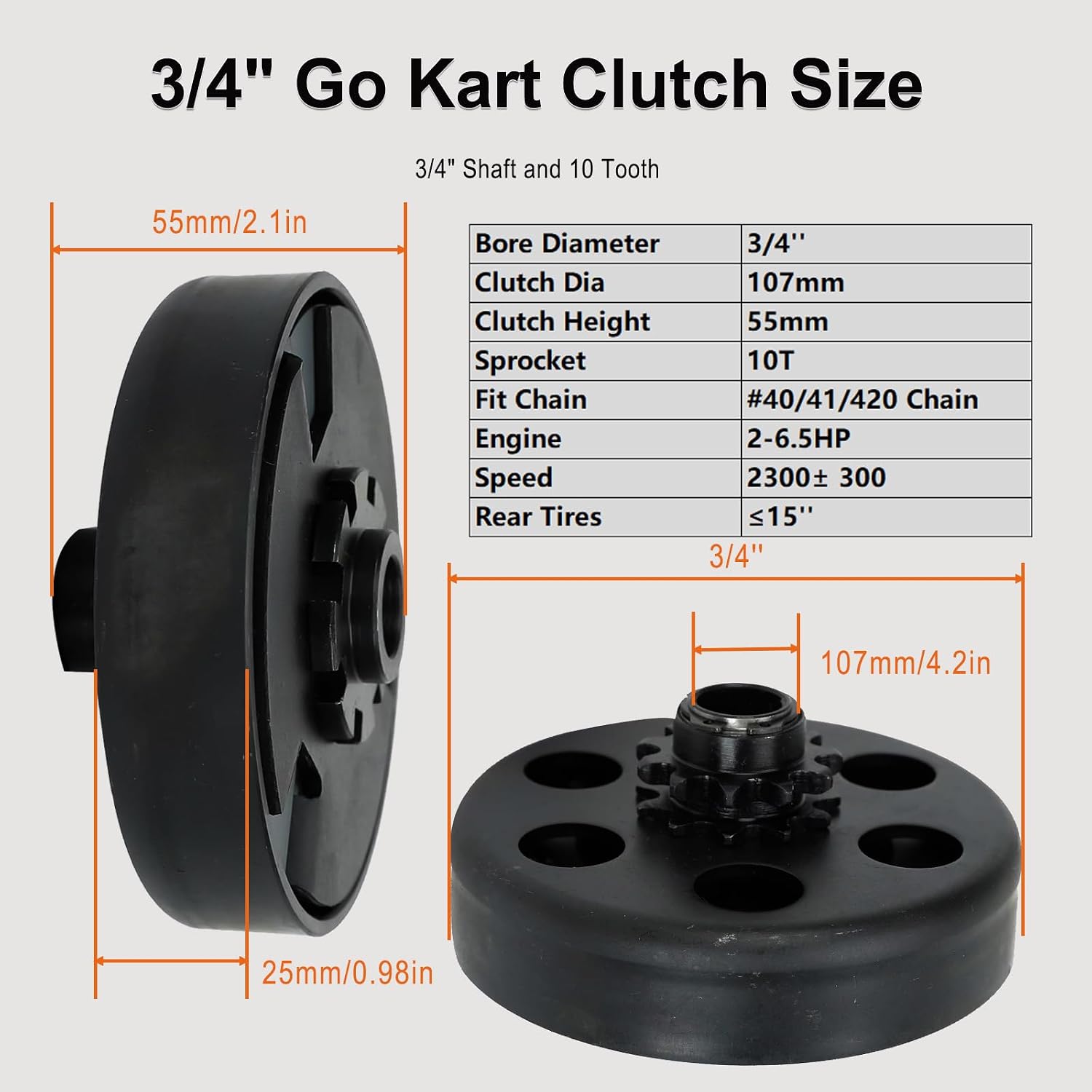 3/4" Bore 10T Go Kart Centrifugal Clutch for #40/41/420 2-6.5HP Predator 212 Go-Karts Minibike Lawnmower Engine | Go Kart Clutch 3/4 Bore 10T Predator 212 Centrifugal Clutch 10 Tooth for Minibike Compatible 2-6.5 HP Engines