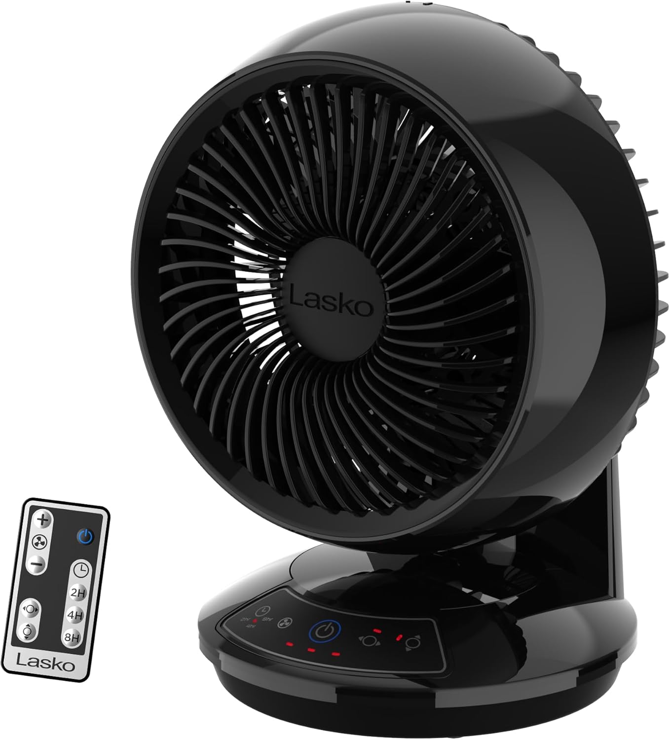 Lasko Air Circulator Fan, Whirlwind Orbital Motion Table Fan, 3 Speeds, Timer, Dark Mode, Remote Control Small Room Fan, Black, A12558