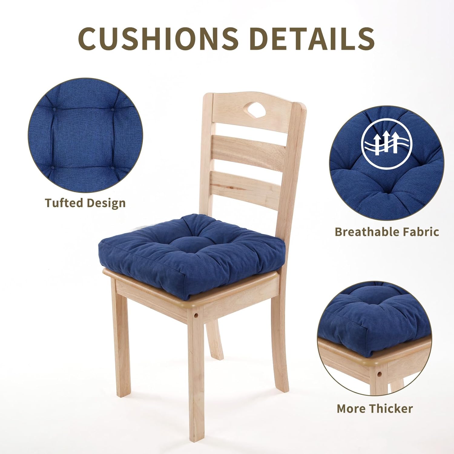 Chair Cushions for Dining Chairs Set of 2, Memory Foam Kitchen Chair Cushions, Tufted Indoor Chair Pads, 16" x 16 x 3, Dark Blue