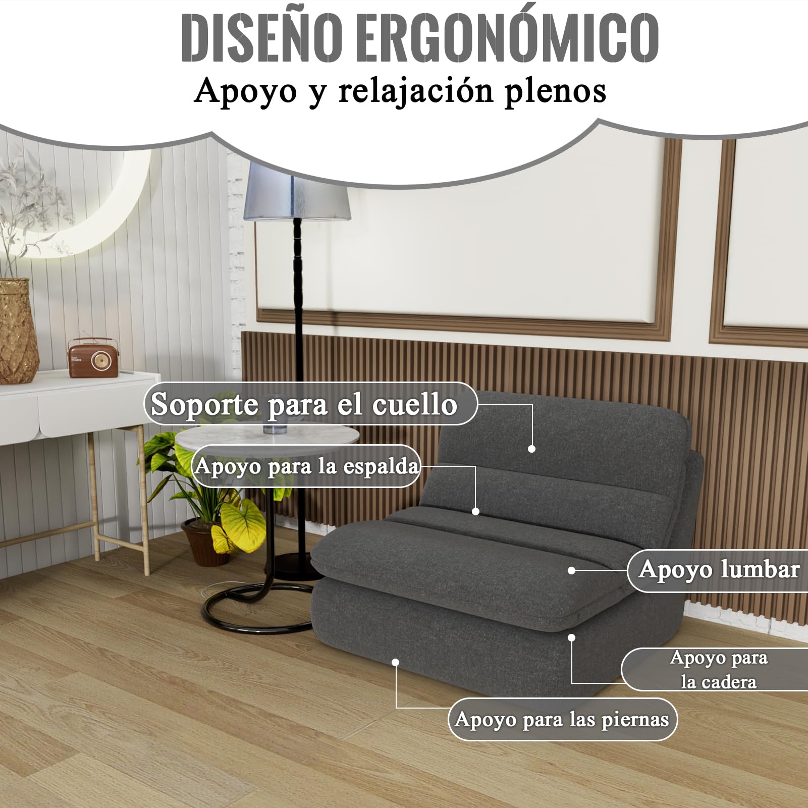 Puf Sofá de Suelo, Silla de Suelo con Respaldo, Sofá Perezoso de Compresión de Una Pieza Relleno de Espuma, Cómodo Sofá de Suelo para Salón Dormitorio (Gris)