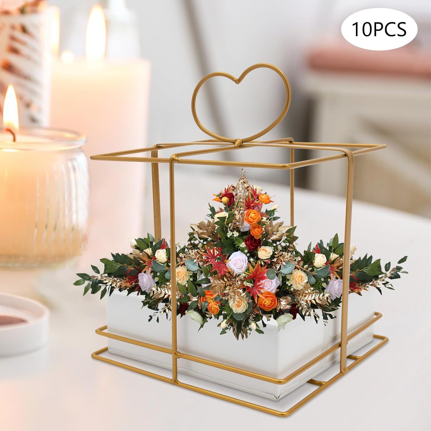 10PCs Metal Geometric Gold Centerpiece, Elegant Wedding Rack for Tables, Free Standing Vase for Weddings Party Decoration, Basket Wedding Flower Stand, Use for Special Event (Square)