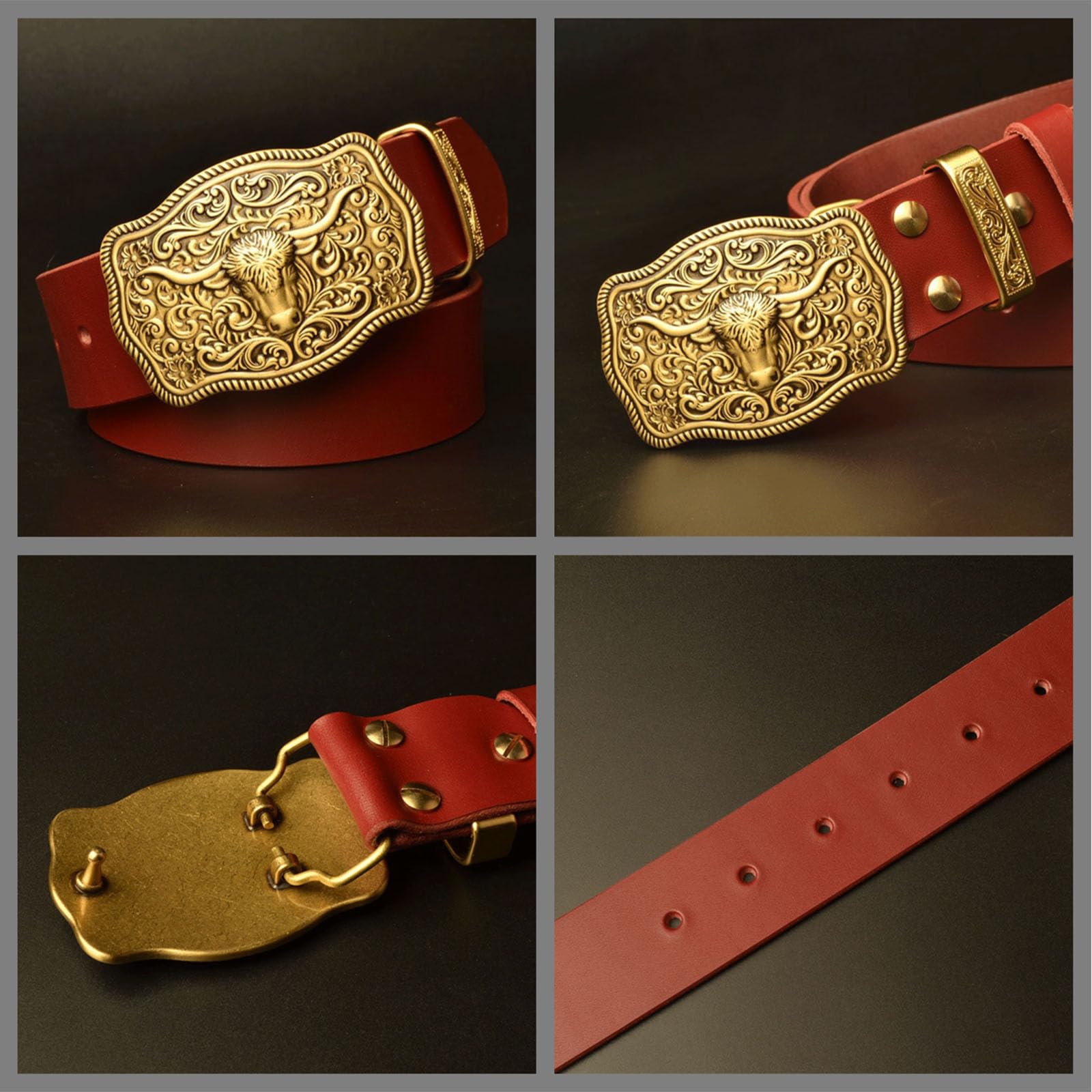 Cintura, Cowboy Western da Uomo, Cinture in Pelle da Uomo con Fibbia in Metallo in Ottone con Motivo Toro dalle Corna Lunghe Oro, Marrone Rossastro, 125CM/49.2''