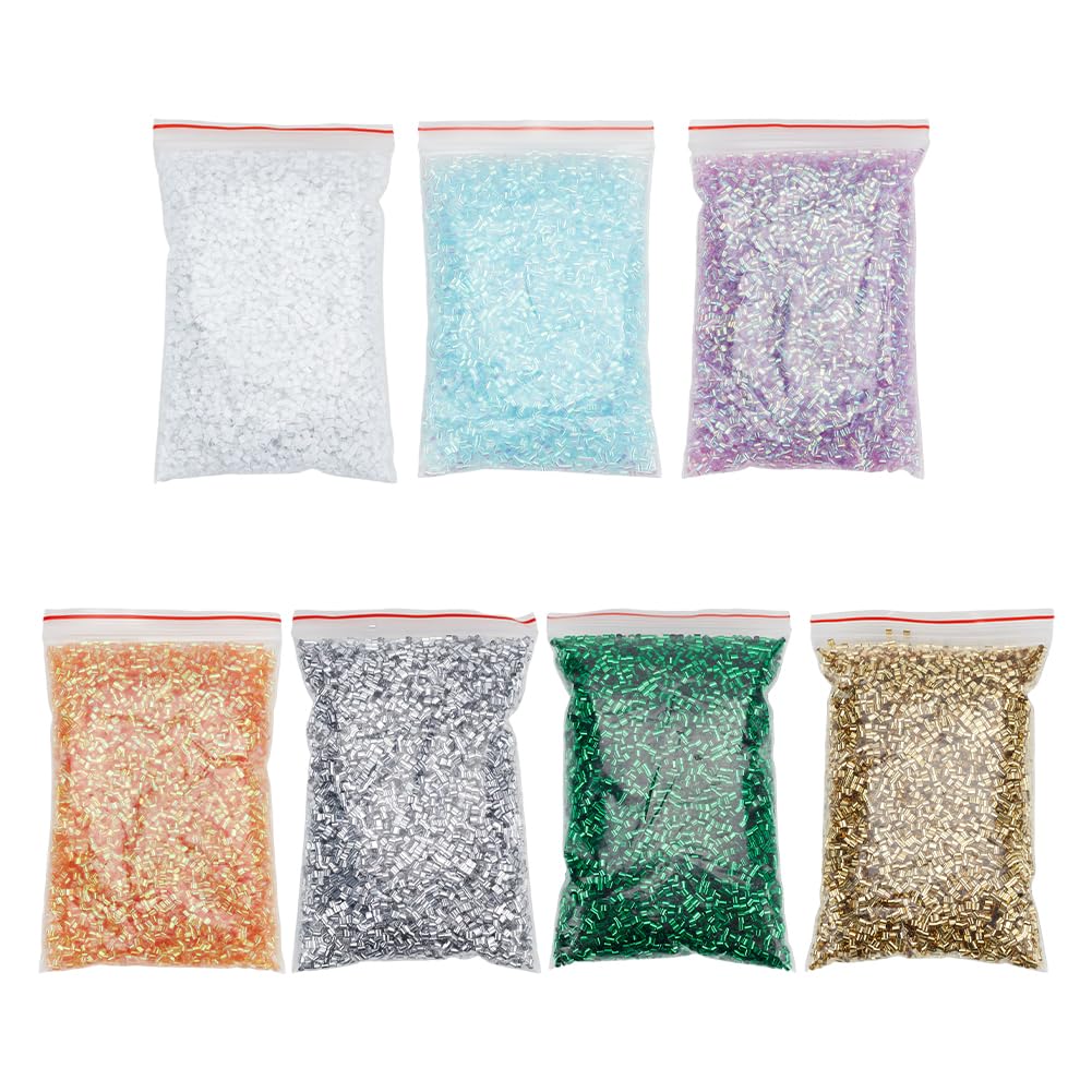 HOBBIESAY 7 Bags 140g Crispy Bingsu Beads 3D Glitter Plastic Beads Blue Silver Slim Iridescent Soft Straw Tube Beads for Assortment Crunchy Microbeads Supplieser
