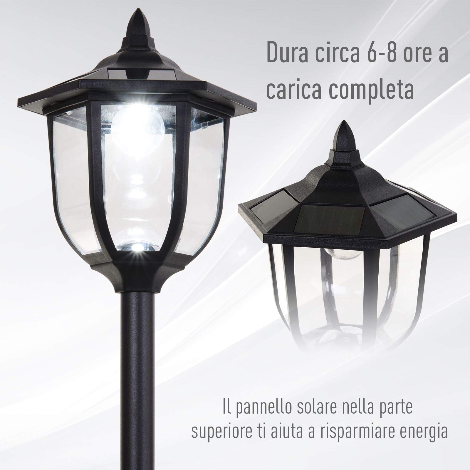 Outsunny Set 2 Lampioncini Solari da Esterno, Lampade da Giardino a Energia Solare 6 Luci LED IP44, Ø26.5 x 177cm, Nero