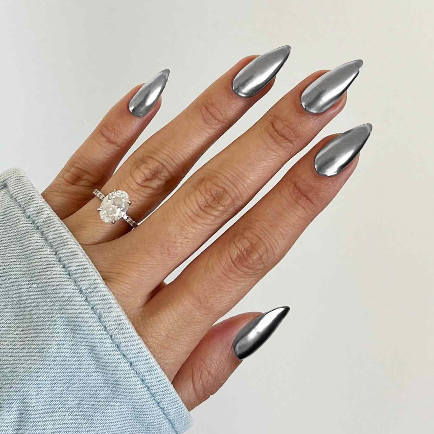 KQueenest Chrome Sliver Press on Nails Almond Medium Glitter Metallic False Nails Medium - Image 3