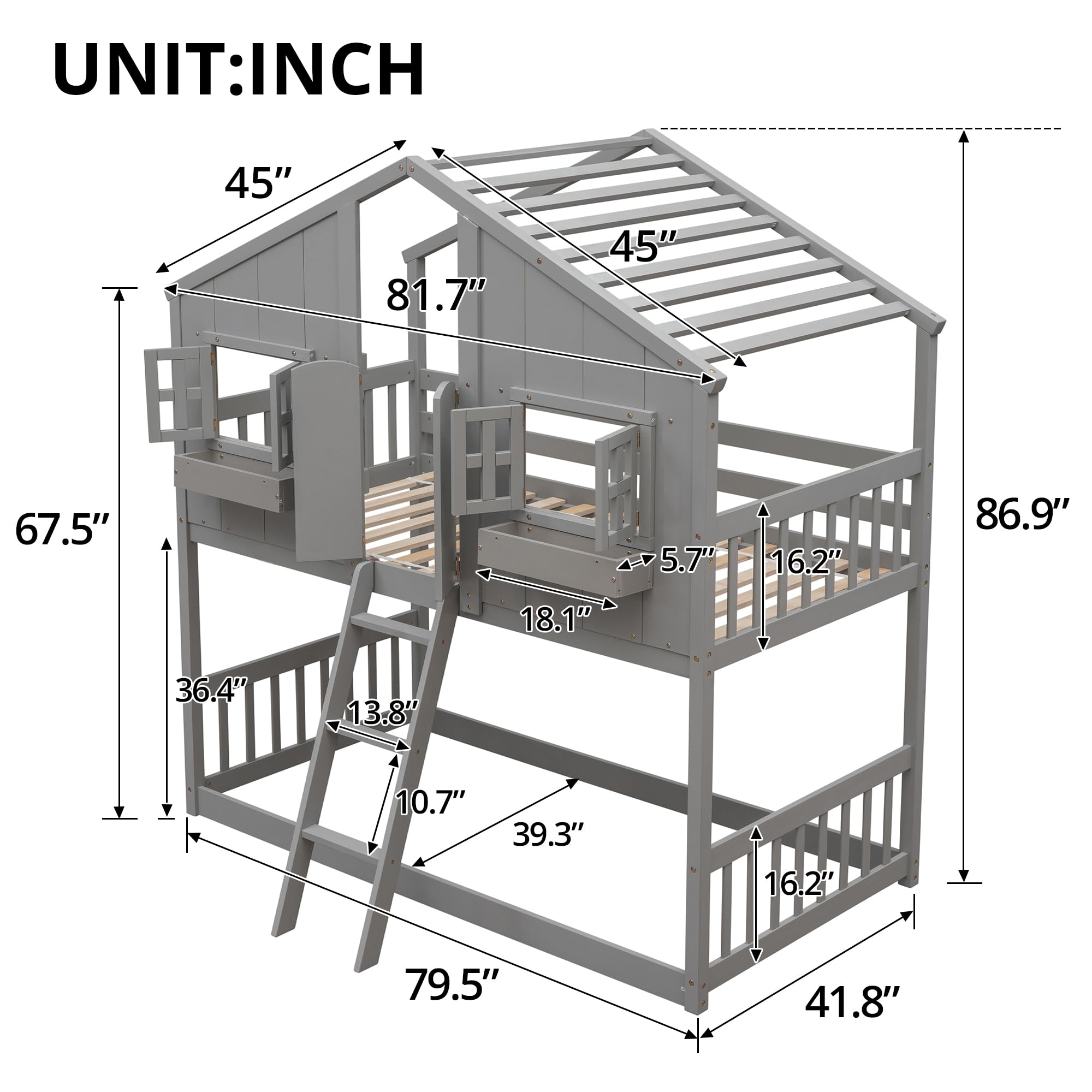 House Bunk Bed Twin Over Twin, Wood Twin Bunk Bed Frame, Twin Over Twin Low Bunk Bed with Roof, Window and Safety Guardrails for Boys Girls, 81.7