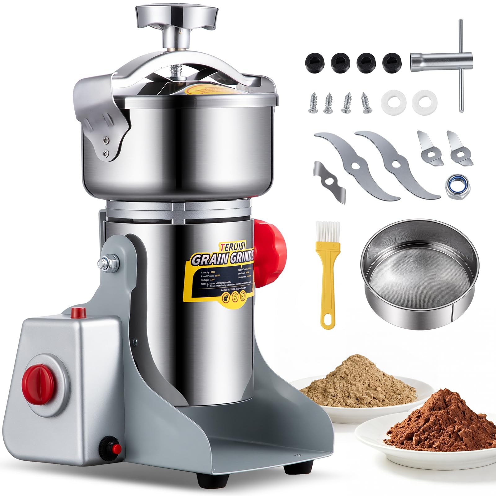 TERUISI 800g Electric Grain Grinder,3000W Stainless Steel Grain Spice Mill Grinder High Speed 28000 RPM for Nuts Cereals Spice Grain Herb Flour with Overload Protection