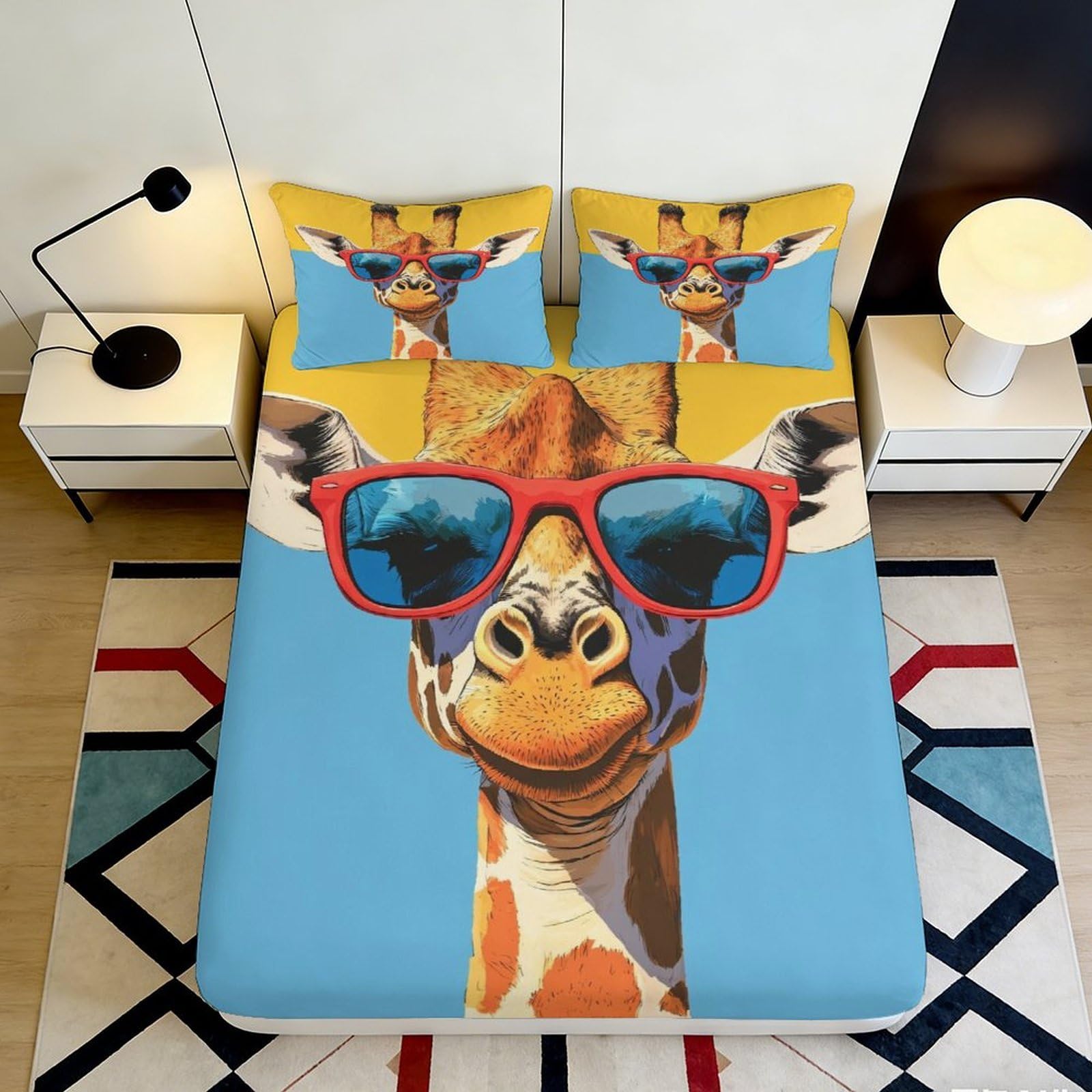3D Printed Giraffe Pattern Fitted Sheet Microfiber Non-Slip Deep Pocket Giraffe Mattress Fitted Cover Bedroom Washable 140x200x25cm