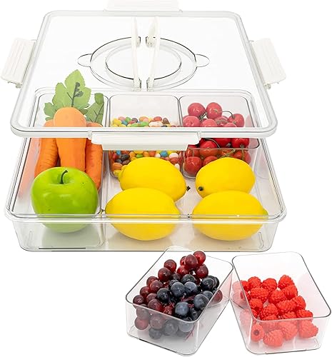 Bandeja dividida de verduras de 12 pulgadas con tapas para fiestas, bandejas apilables para servir aperitivos para refrigerador, plato de aperitivos