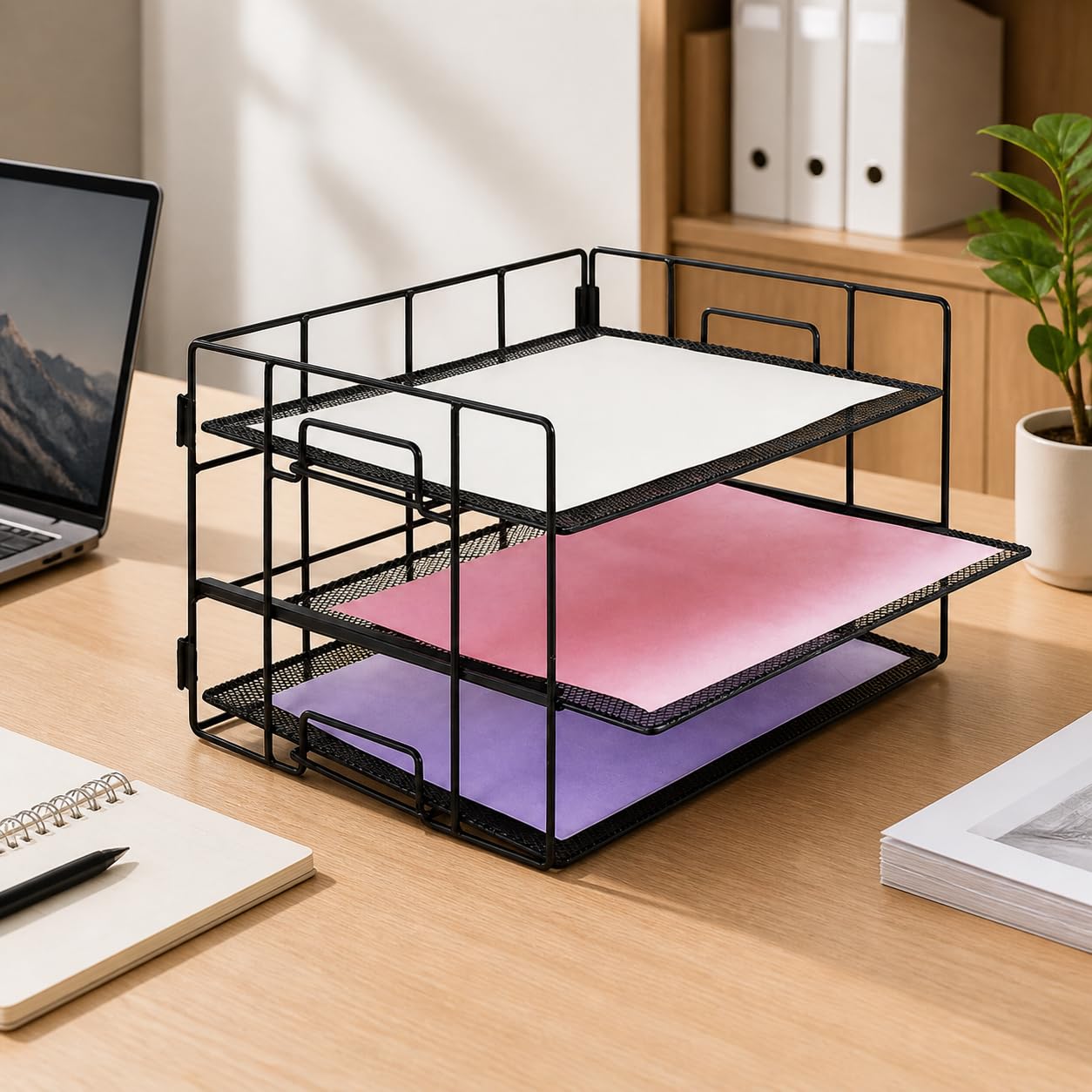 Stapelbare Ablagefächer, Metall Briefablage A4, 3-lagige Dokumentenablage für Büro Office, platzsparend 45x32x32cm, White