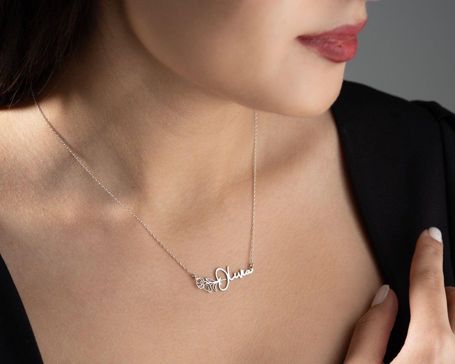 14K oro fiore di nascita collana con nome, su misura argento targhetta con nome delicato mamma novembre gioiello