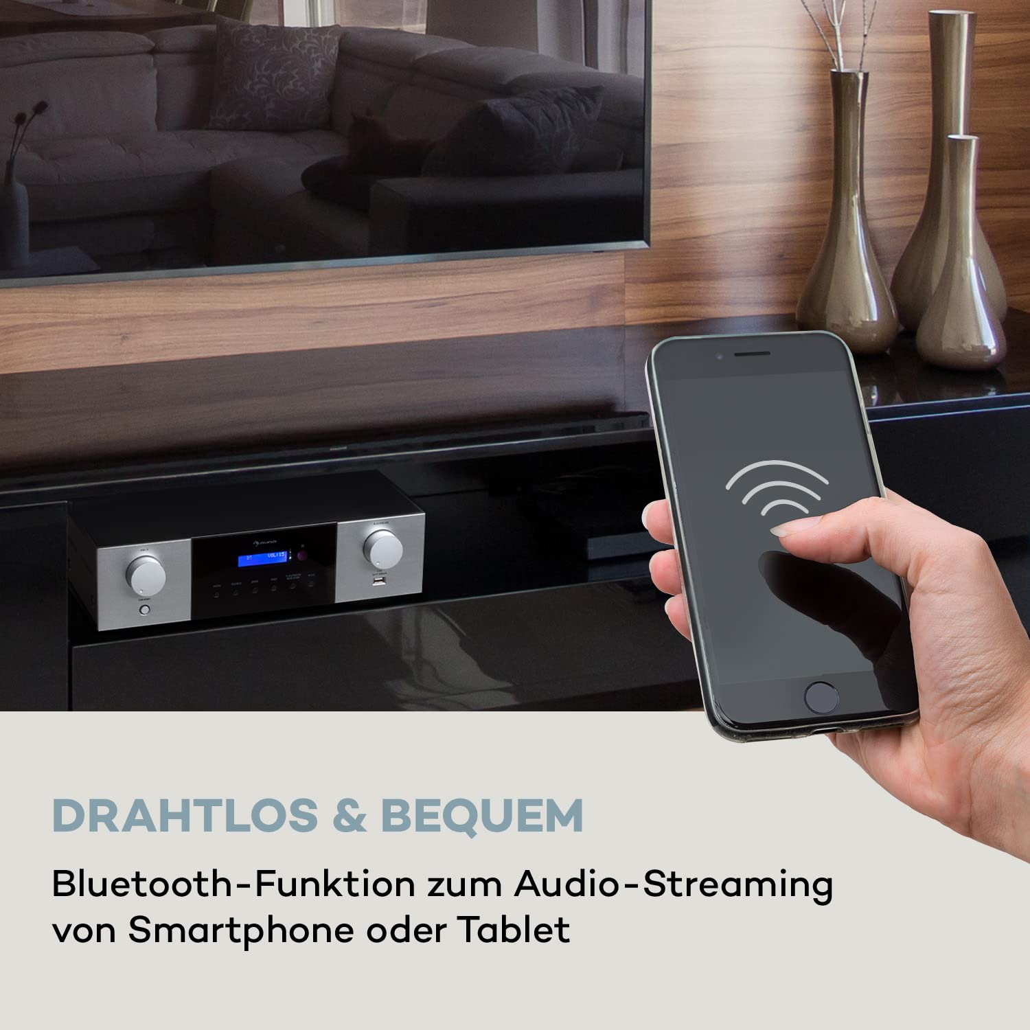 Auna AMP-4000 DAB HiFi-Stereo-Verstärker, DAB+-Radio, Stereo Verstärker, USB Fernbedienung, Amplifier mit LED-Display, HiFi schwarz-weiß